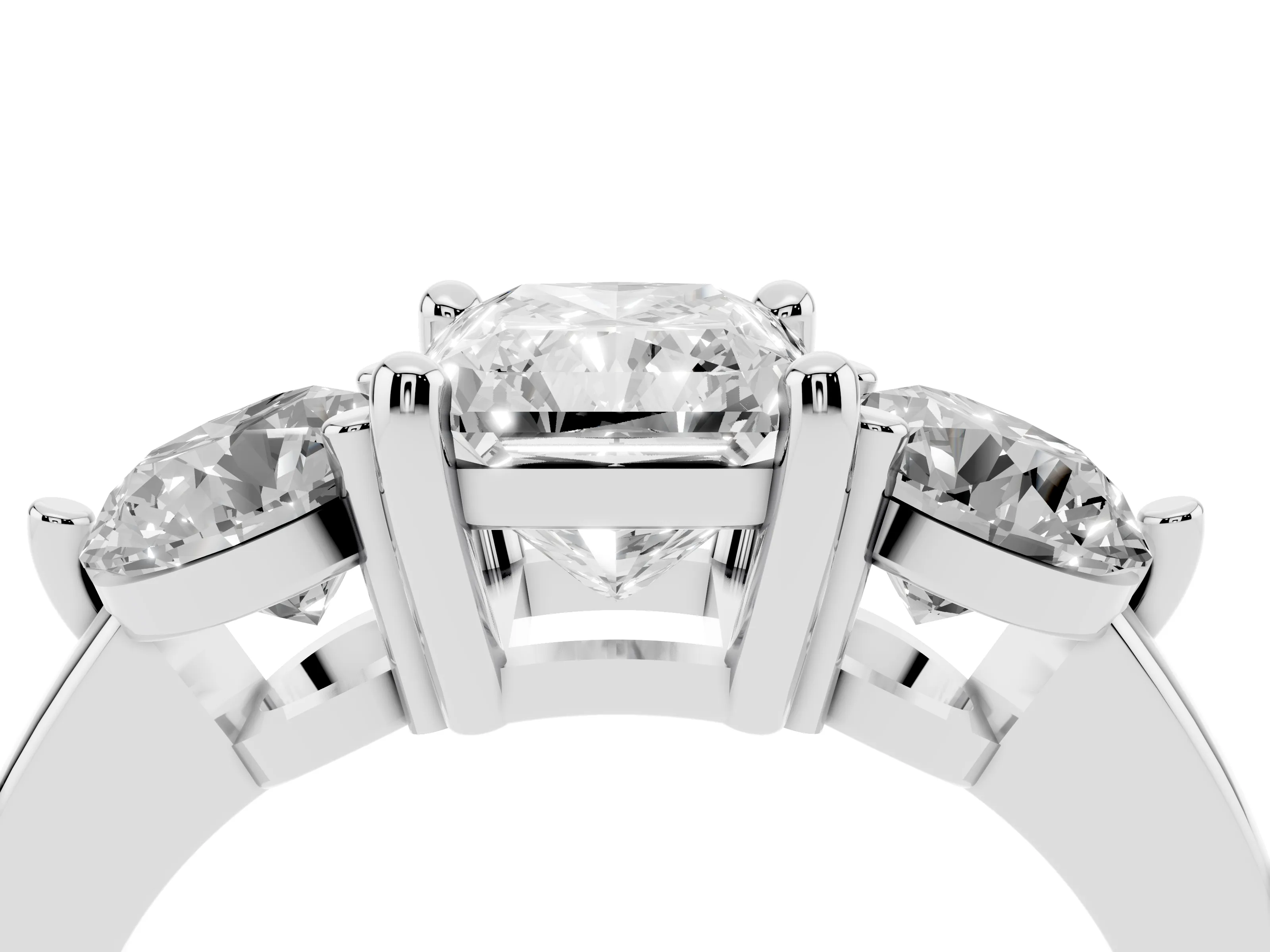 Radiant Cut Diamond Three-Stone Ring Set in White gold with Prong Setting and Classic Band