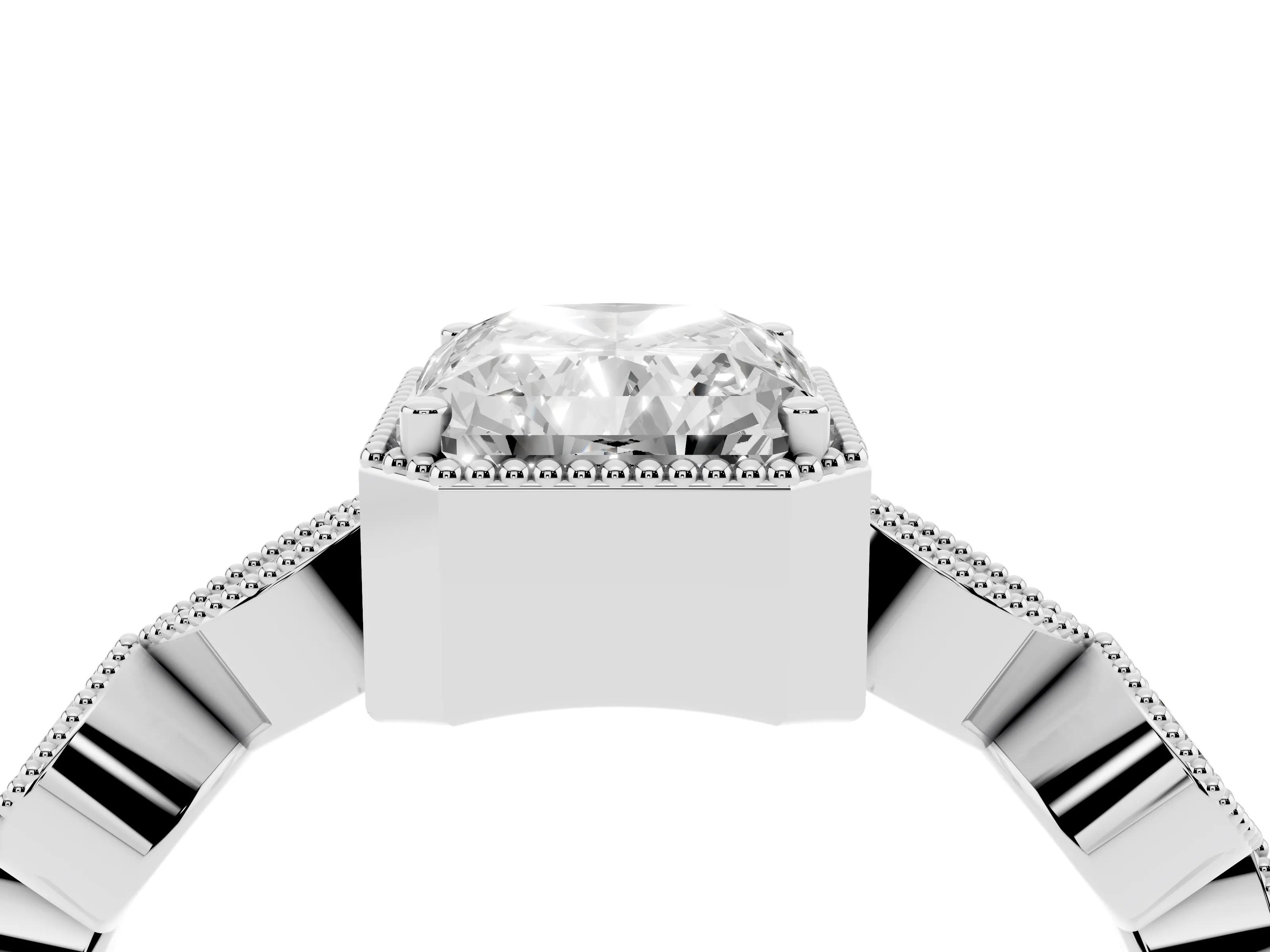 Radiant Cut Diamond Vintage-Inspired Milgrain Ring Set in Platinum with Marquise Stations of Round Accents