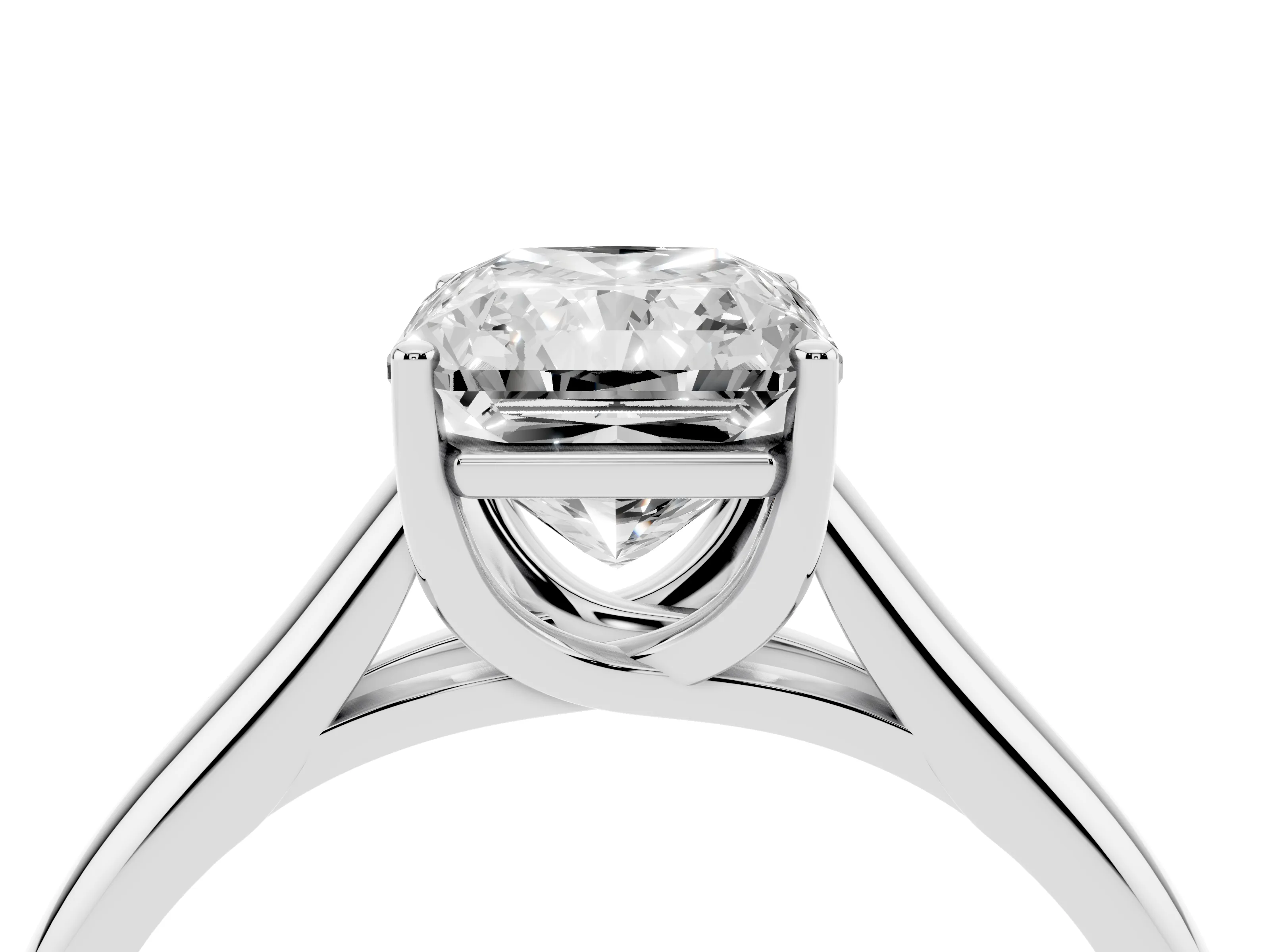 Radiant Cut Diamond Solitaire Engagement Ring Set in Silver with Subtly Tapered Band and Prong Setting