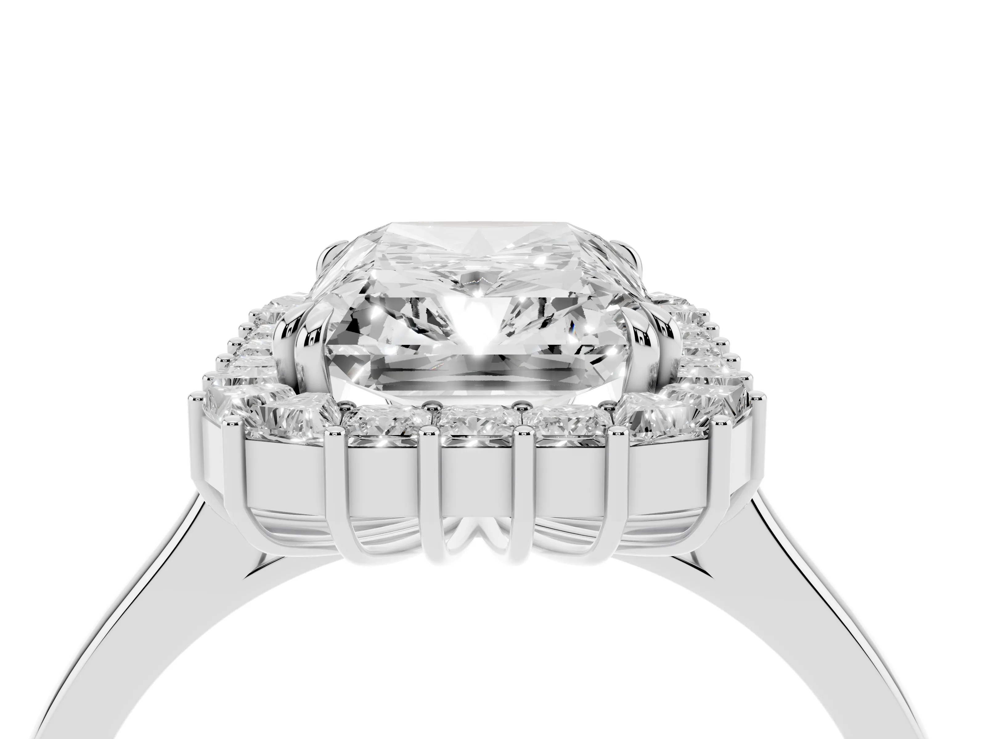 Radiant Diamond Baguette Halo Ring Set in Platinum with Round Accents and Slim Band