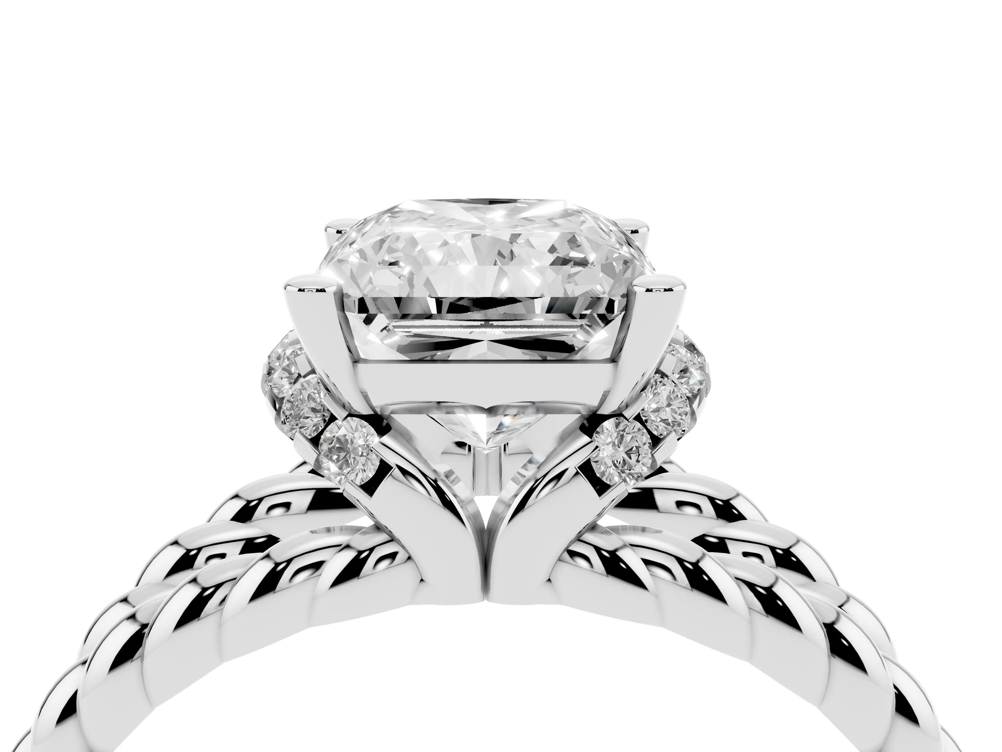 Radiant Cut Diamond Halo Ring Set in White gold with Twisted Band and Prong Setting