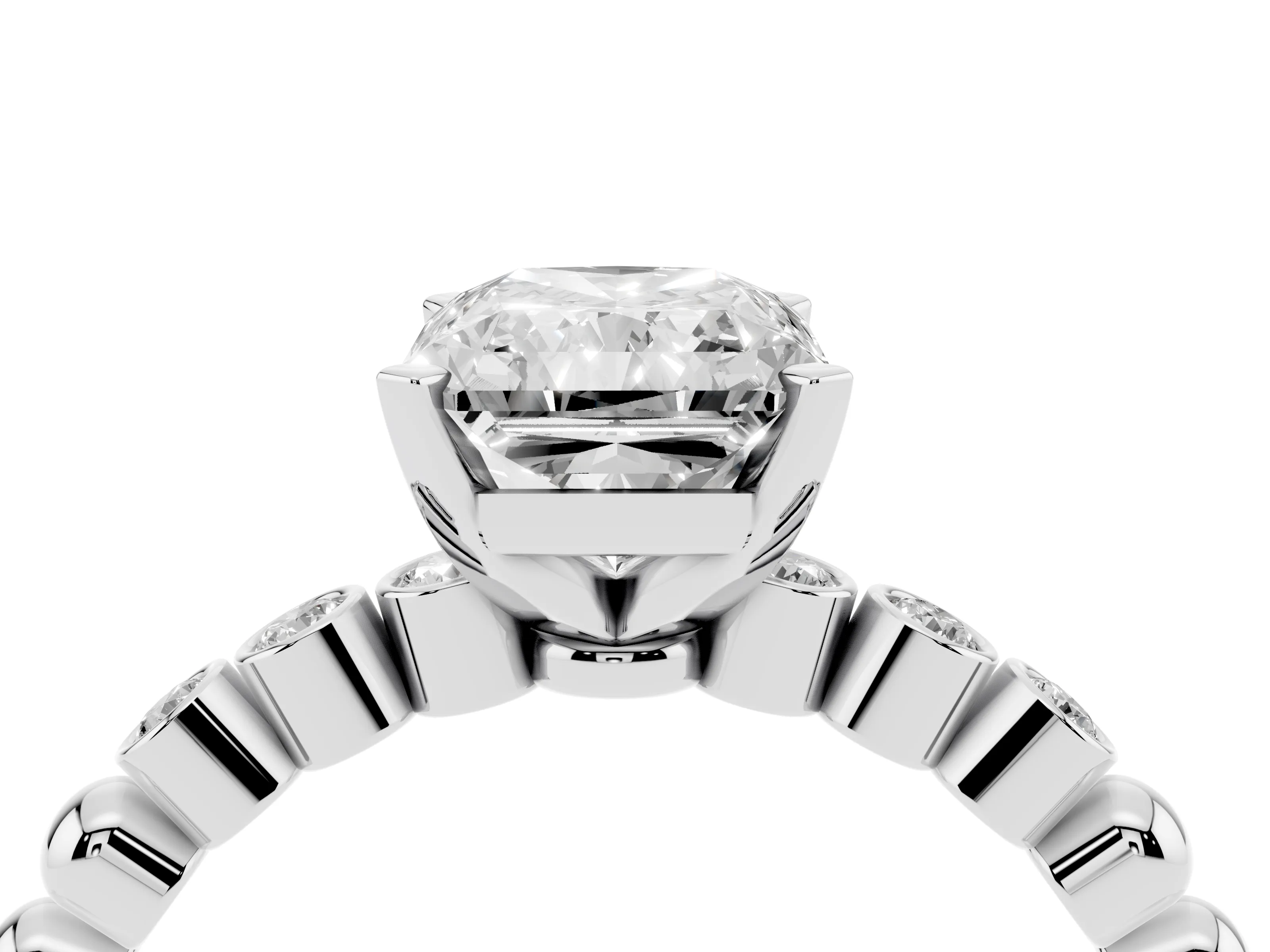 Radiant Cut Diamond Solitaire Engagement Ring Set in White gold with Bezel Accents on Beaded Band