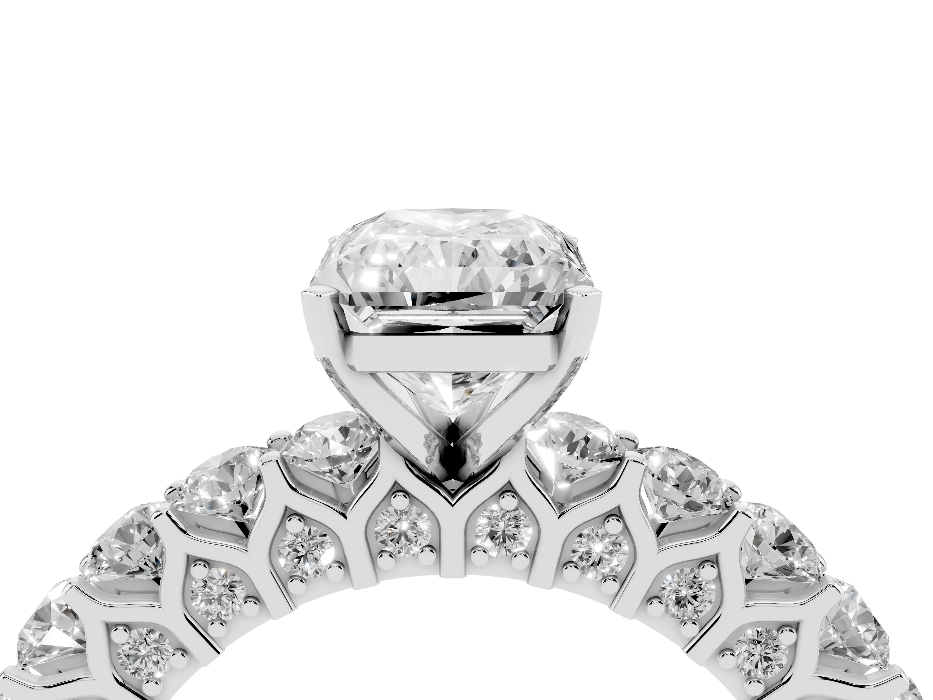 Radiant Cut Diamond Solitaire Ring Set in Silver with Shared Prong Pavé Band