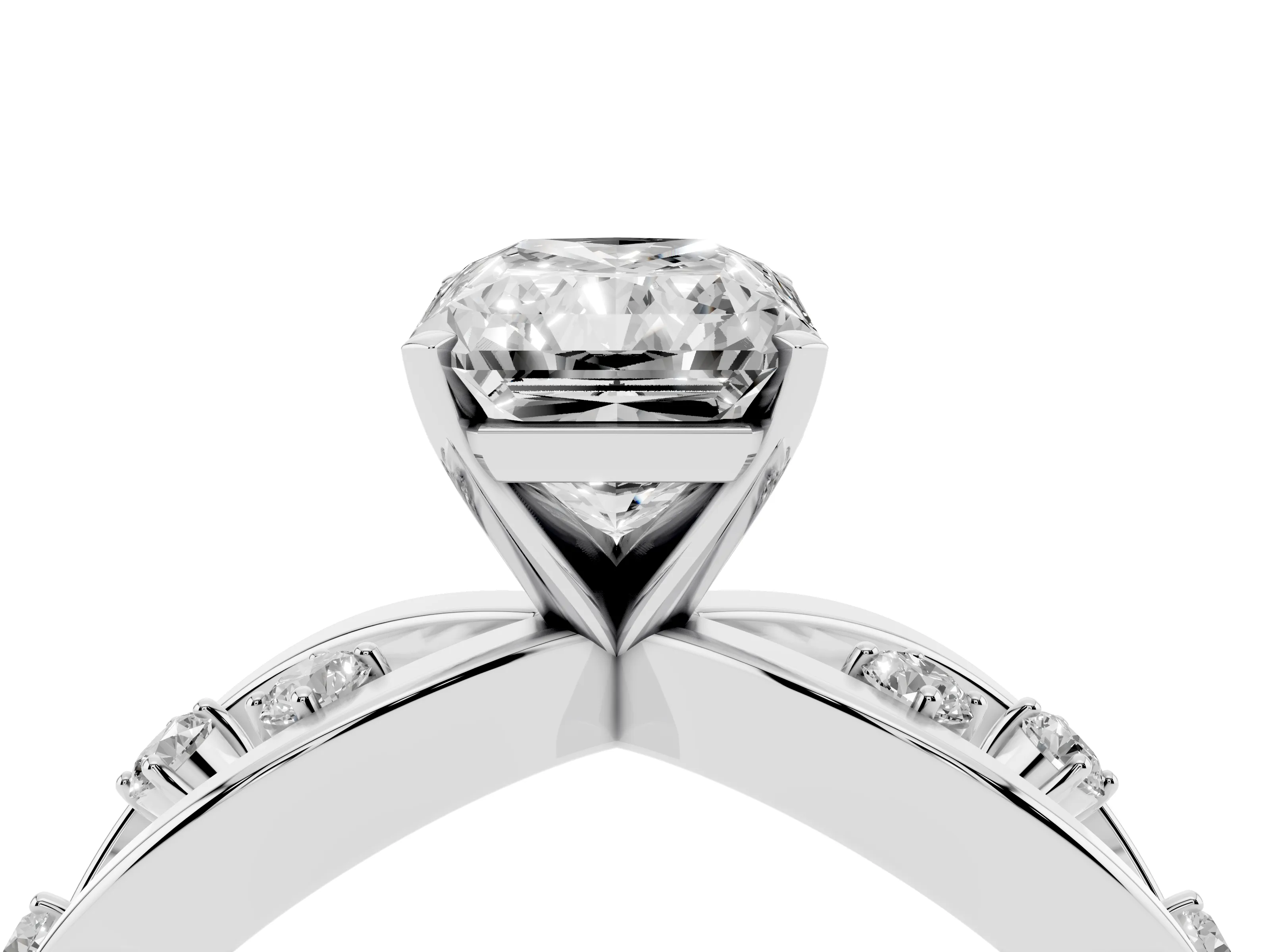 Radiant Cut Diamond Solitaire Ring Set in Platinum with Side Stones on Criss-Cross Band and Prong Setting