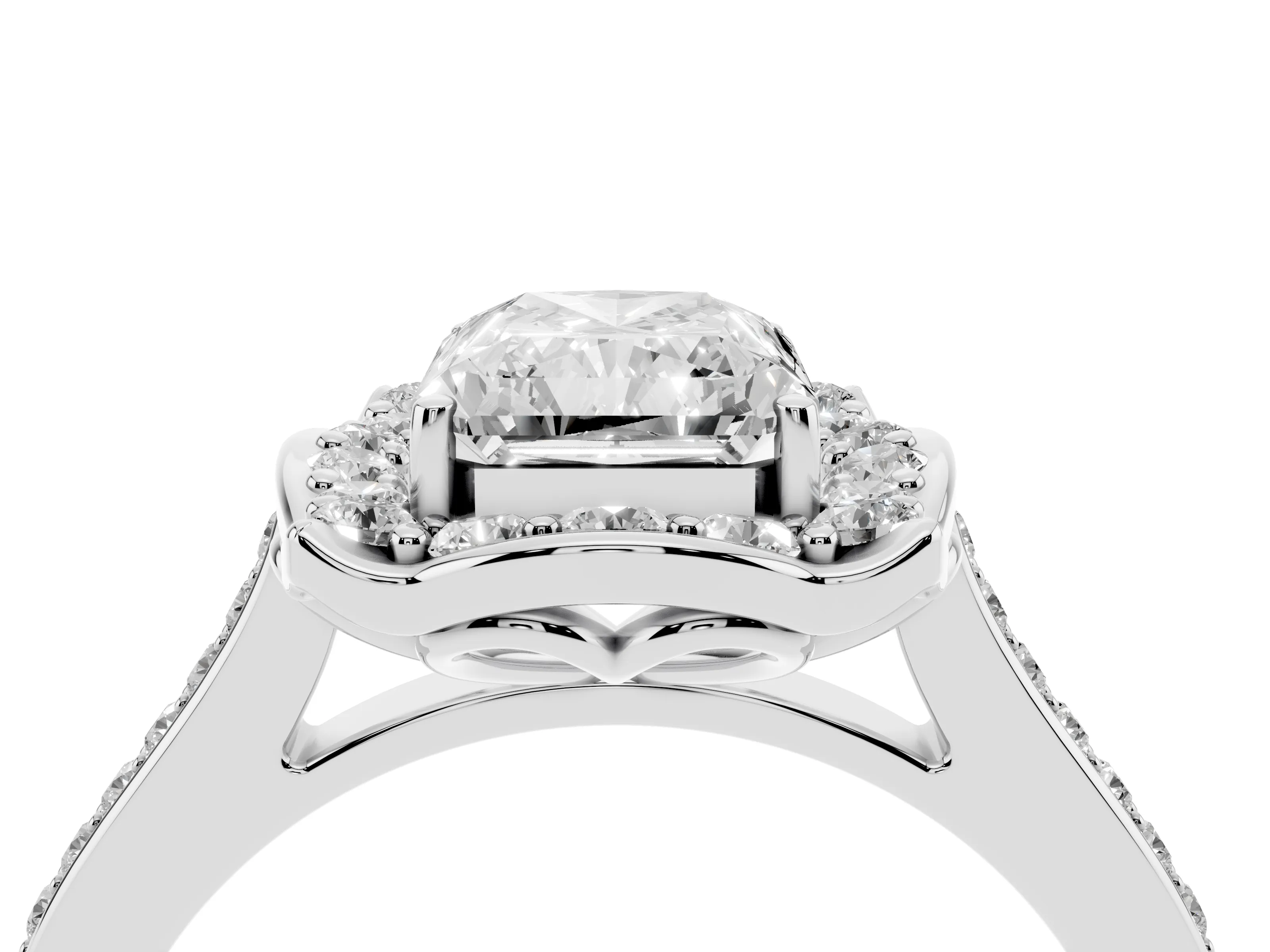 Radiant Cut Diamond Halo Ring Set in Silver with Pavé-Lined Shoulders and Prong Setting