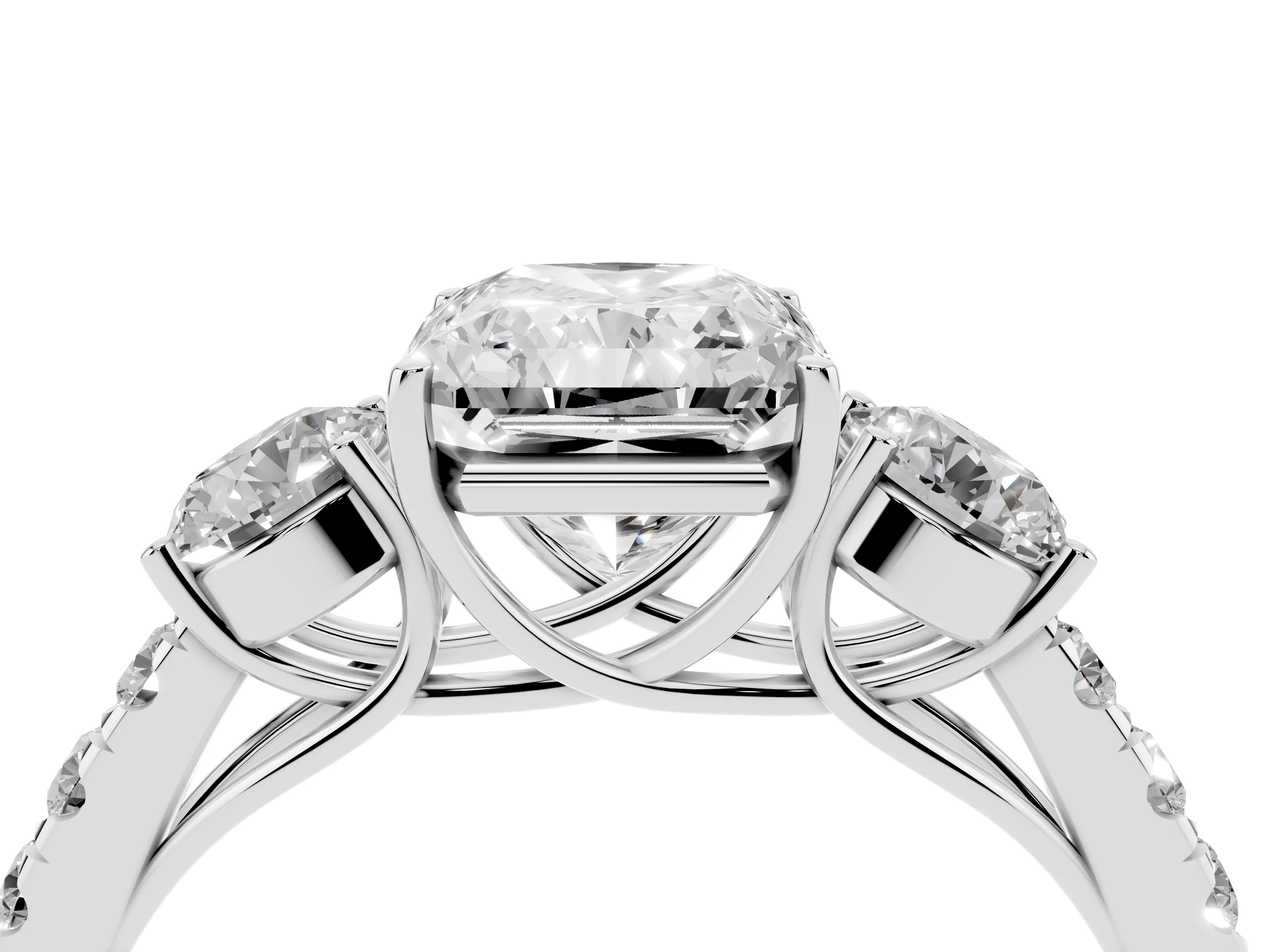 Radiant Cut Diamond Three-Stone Ring Set in Platinum with Round Side Stones and Delicate Pavé Band