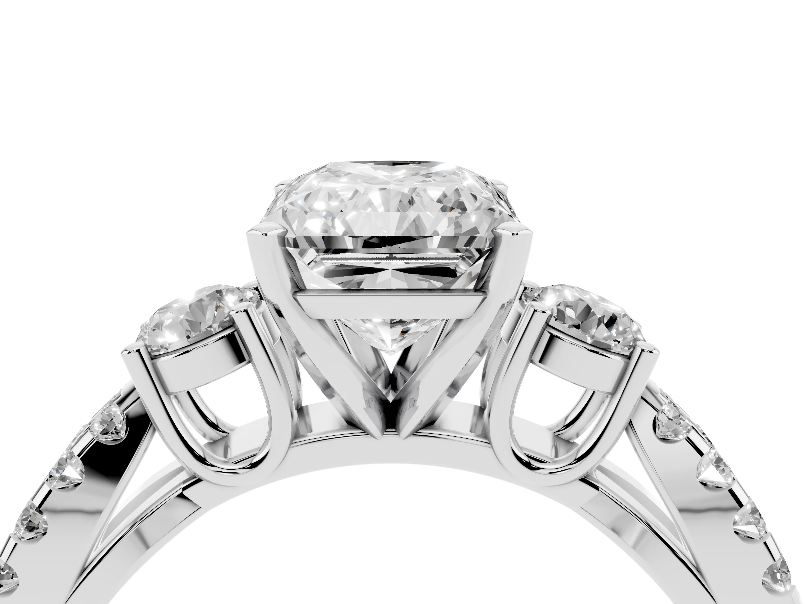 Radiant Cut Diamond Three-Stone Ring Set in Silver with Pavé Split Shank and Prong Setting
