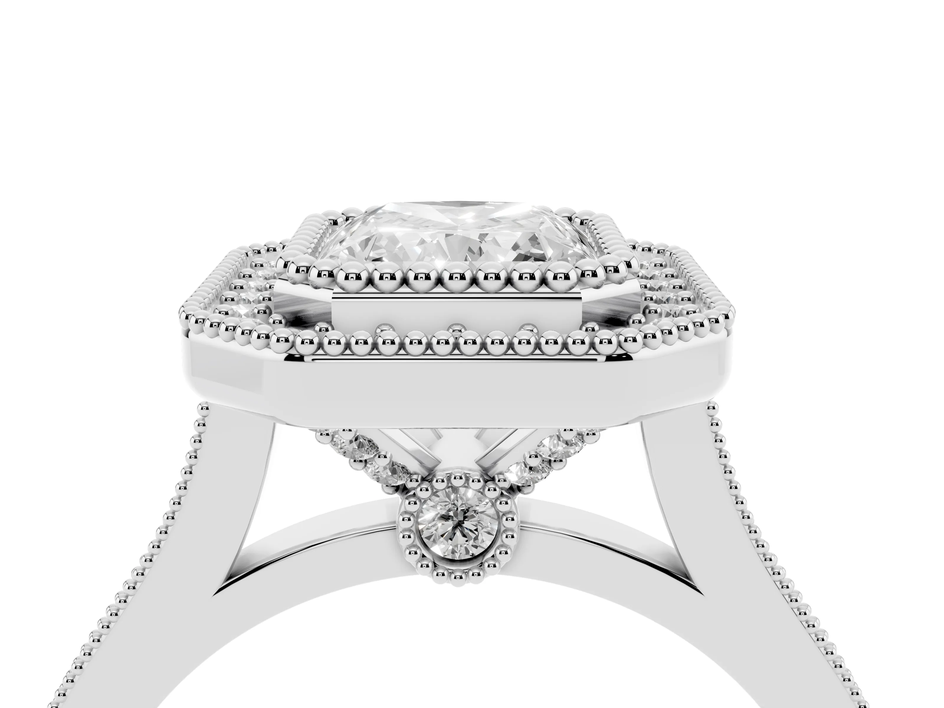 Radiant Cut Diamond Halo Ring Set in White gold with Milgrain Frame and Pavé Band