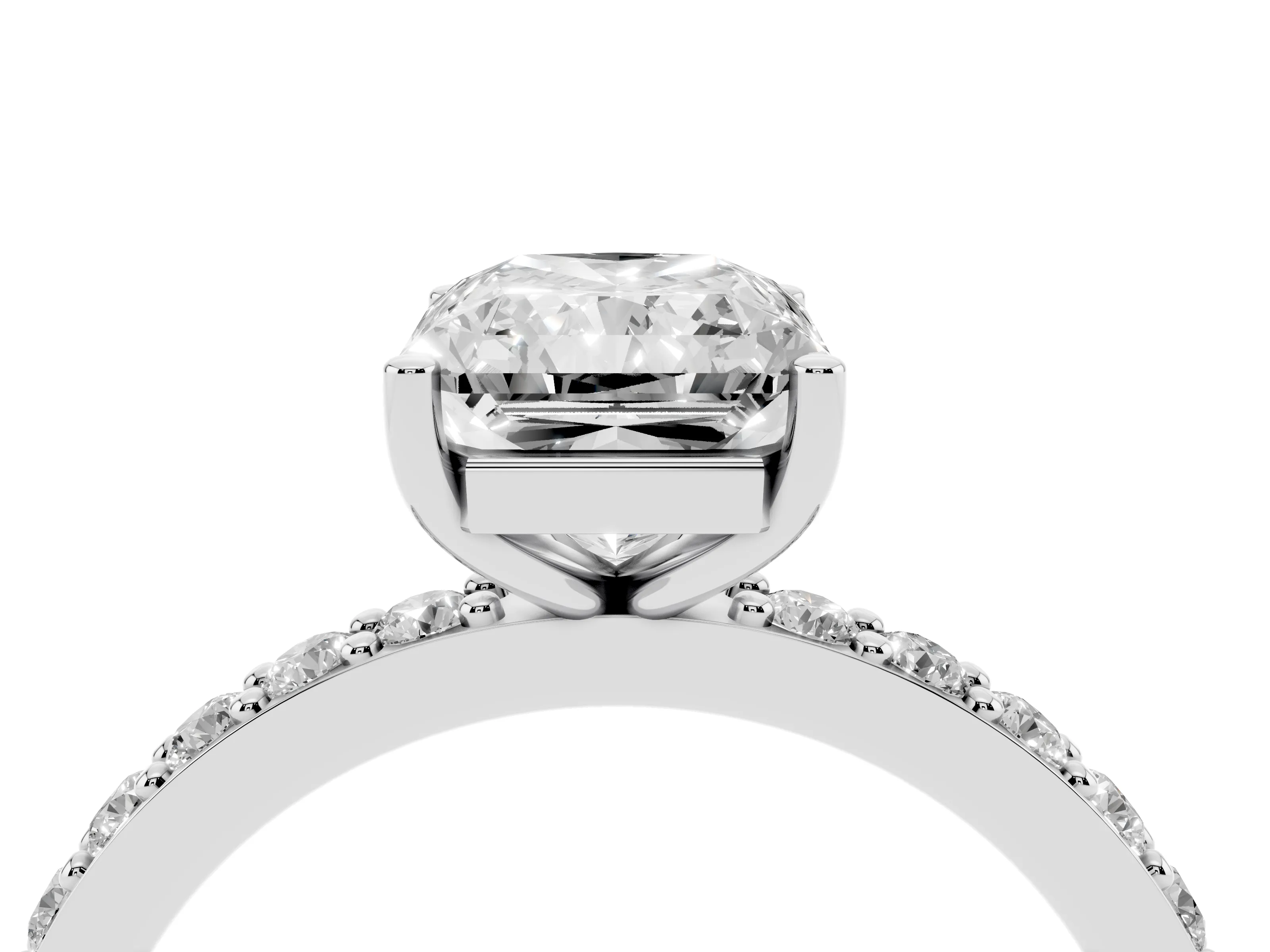 Radiant Cut Diamond Solitaire Set in White gold with Round Pavé Band and Prong Setting