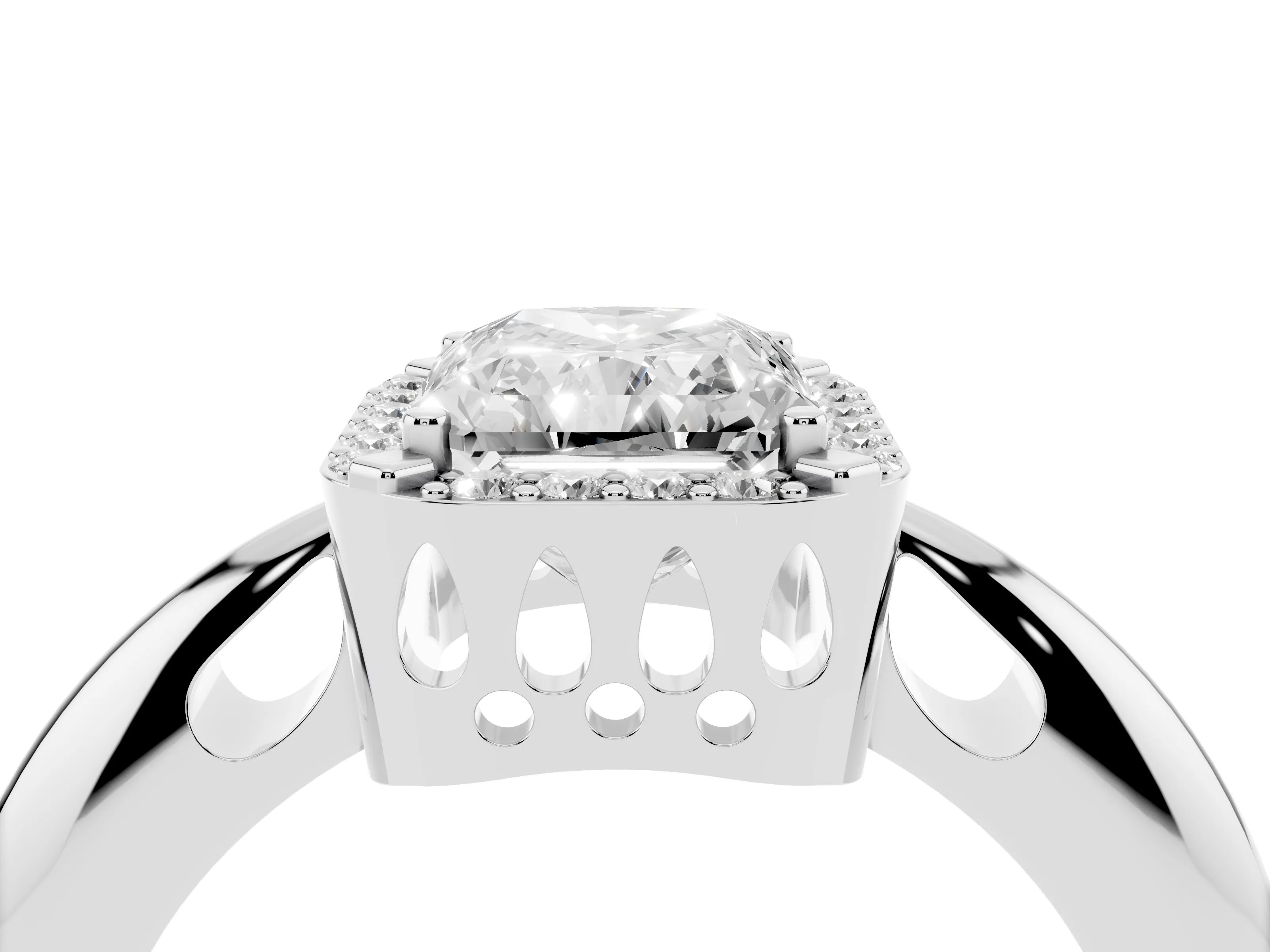 Radiant Cut Diamond Halo Engagement Ring Set in Platinum with Plain Split Shank and Prong Setting