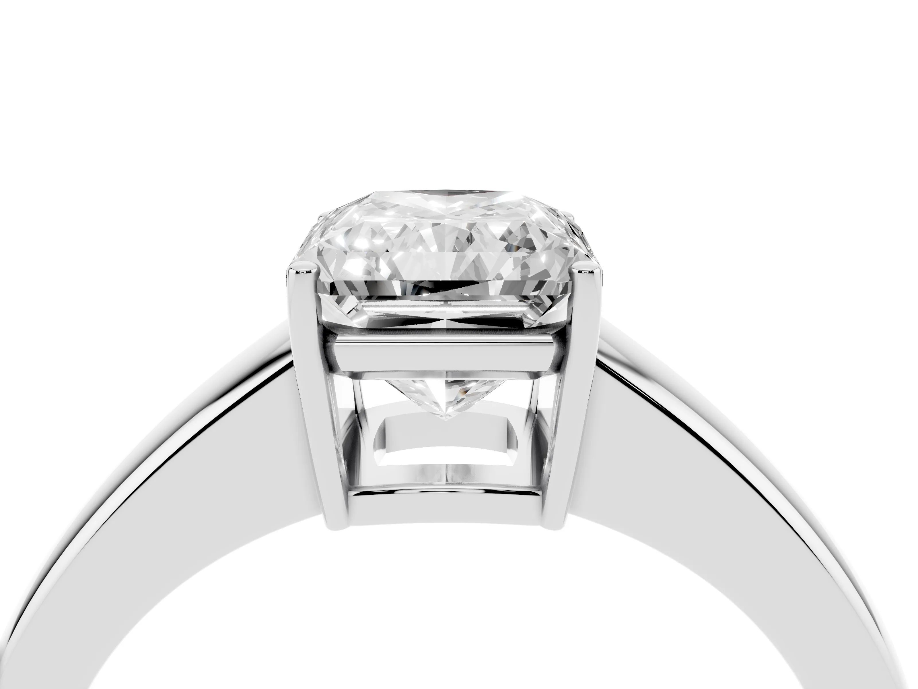 Radiant Cut Diamond Solitaire Ring Set in White gold with Tapered Band and Prong Setting