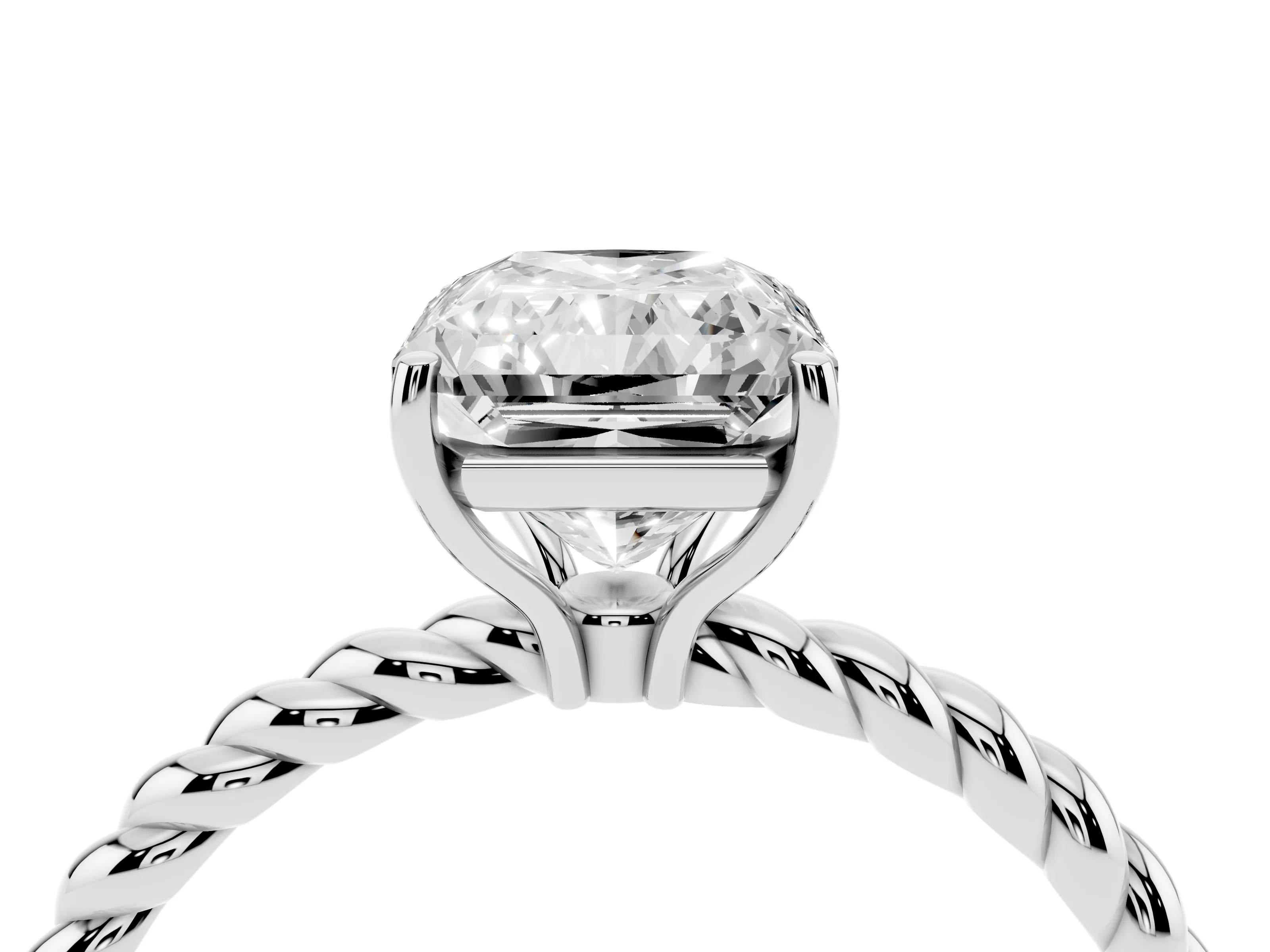 Radiant Cut Diamond Solitaire Ring Set in White gold with Twist Band and Prong Setting