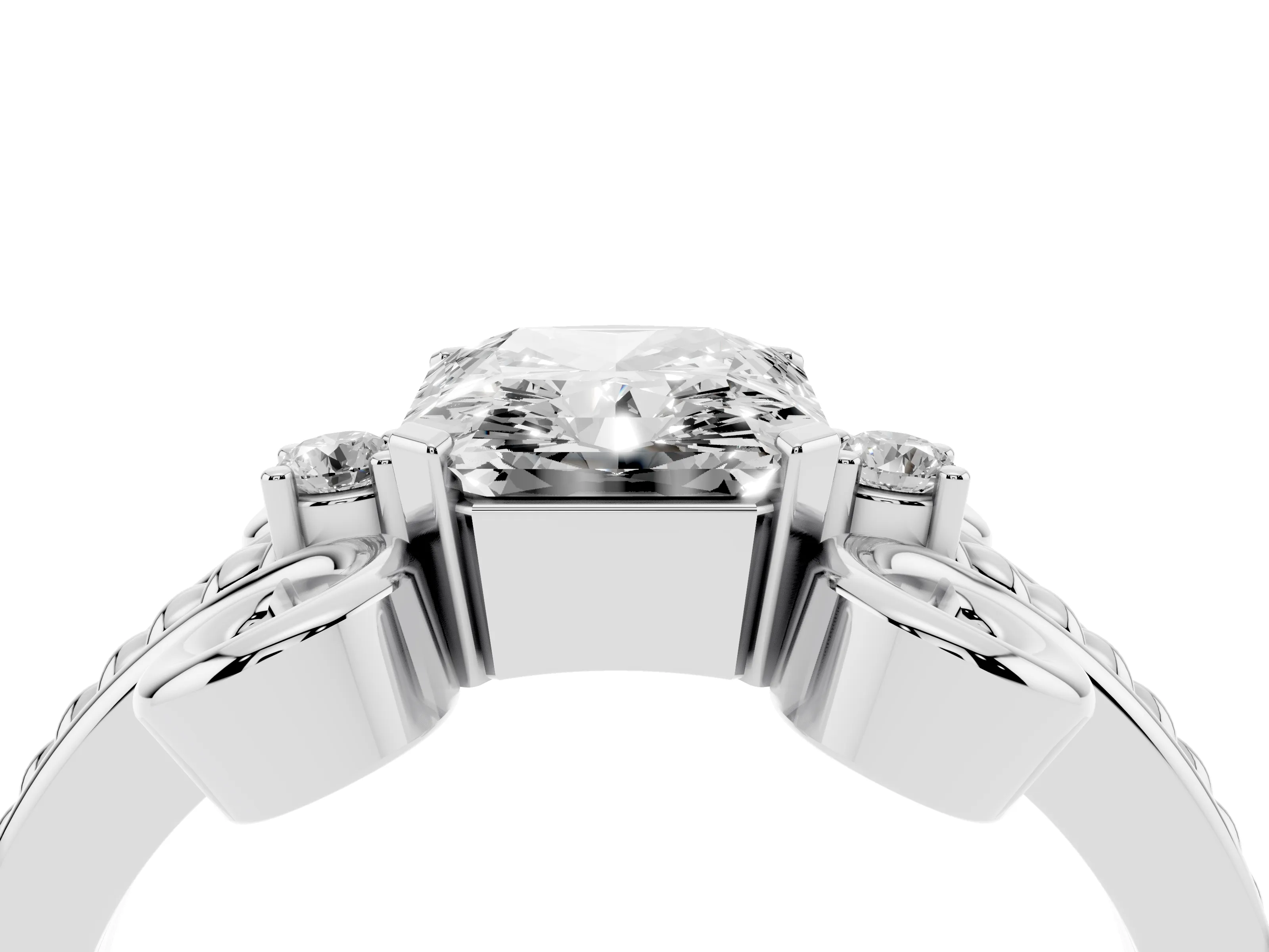 Radiant Cut Diamond Twisted Band Solitaire Ring Set in Platinum with Scroll Prongs