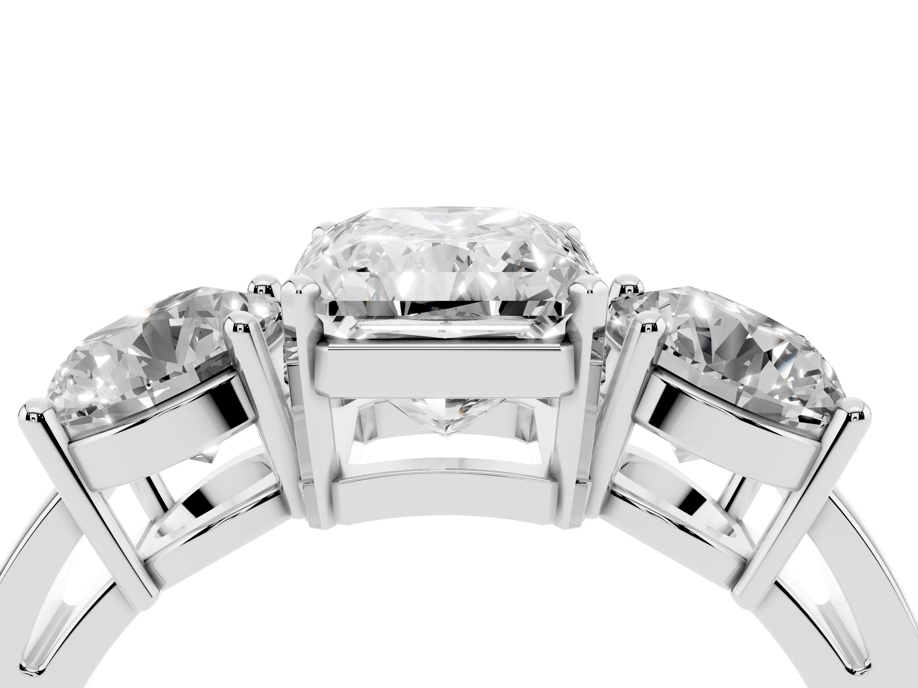 Radiant Cut Diamond Three-Stone Ring Set in Platinum with Round Side Stones and Classic Band