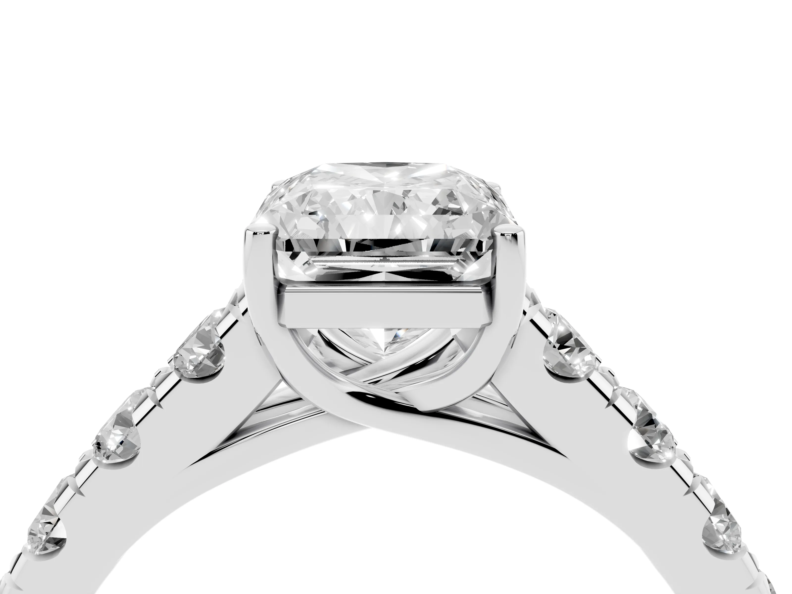 Radiant Cut Diamond Solitaire Ring Set in Silver with Cut-Down Micro Pavé Band and Prong Setting