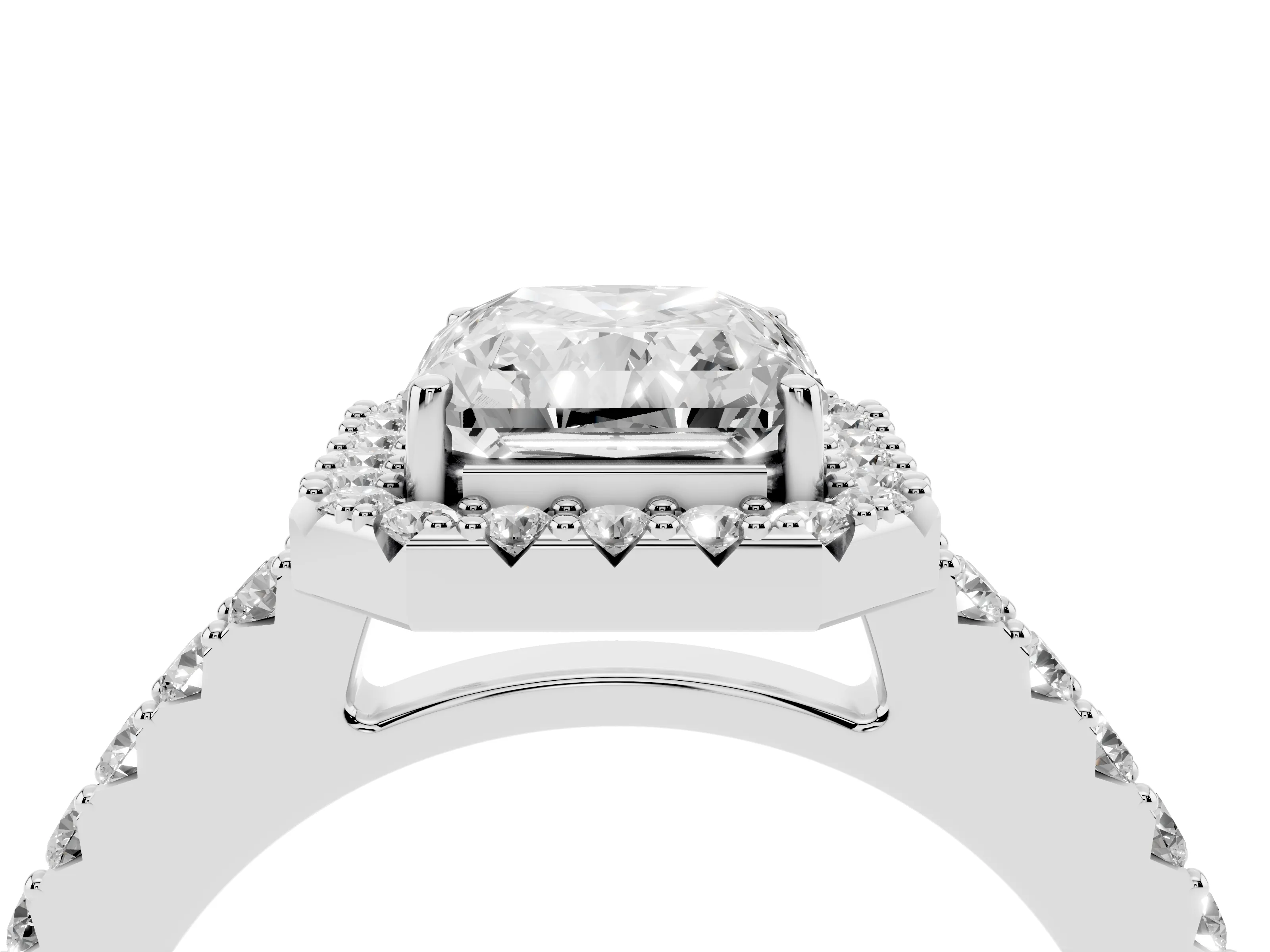 Radiant Cut Diamond Halo Pavé Solitaire Ring Set in Platinum with Prong-Set Center Stone