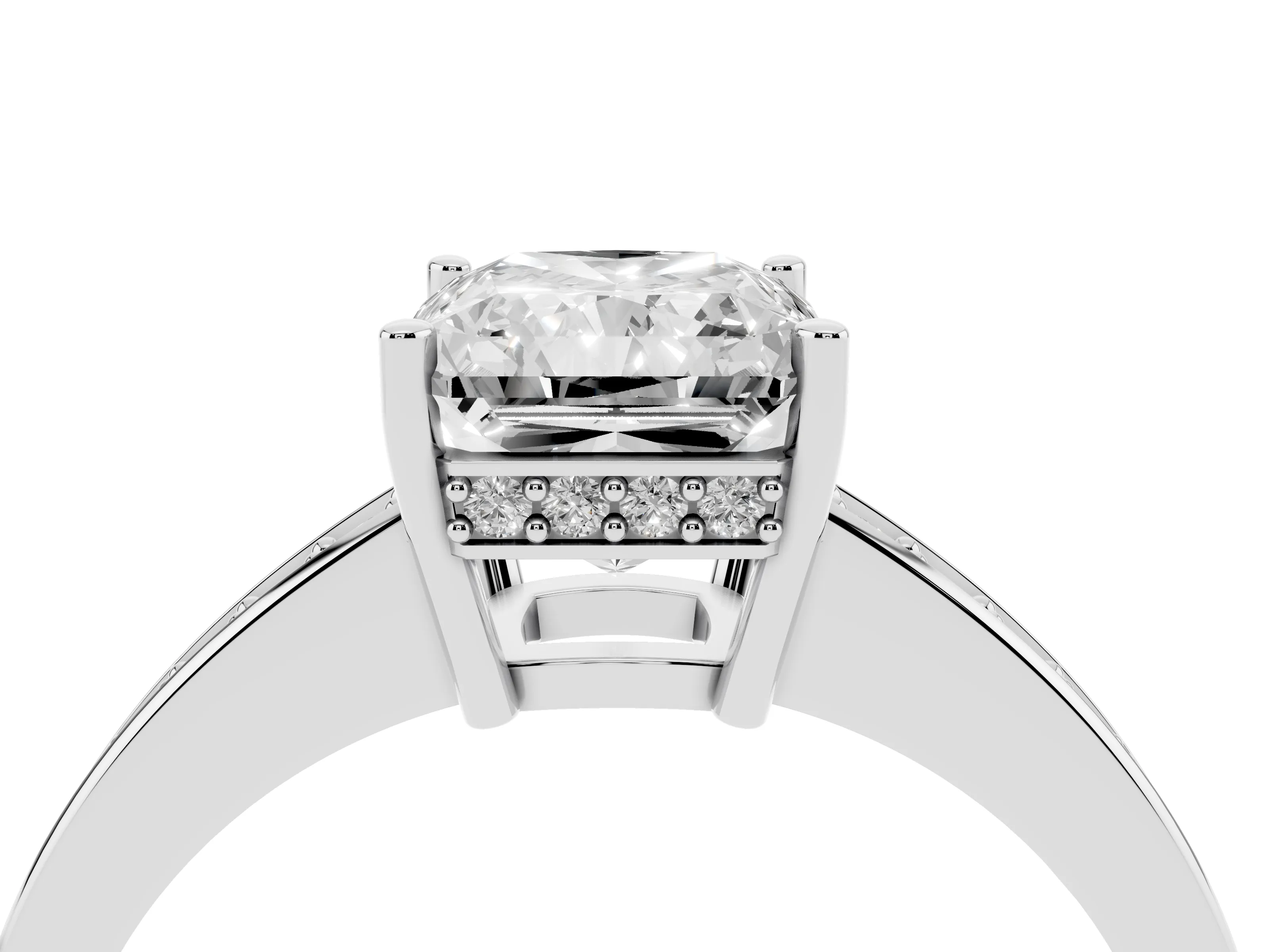 Radiant Cut Diamond Pavé Band Prong Set Solitaire Ring Set in Silver