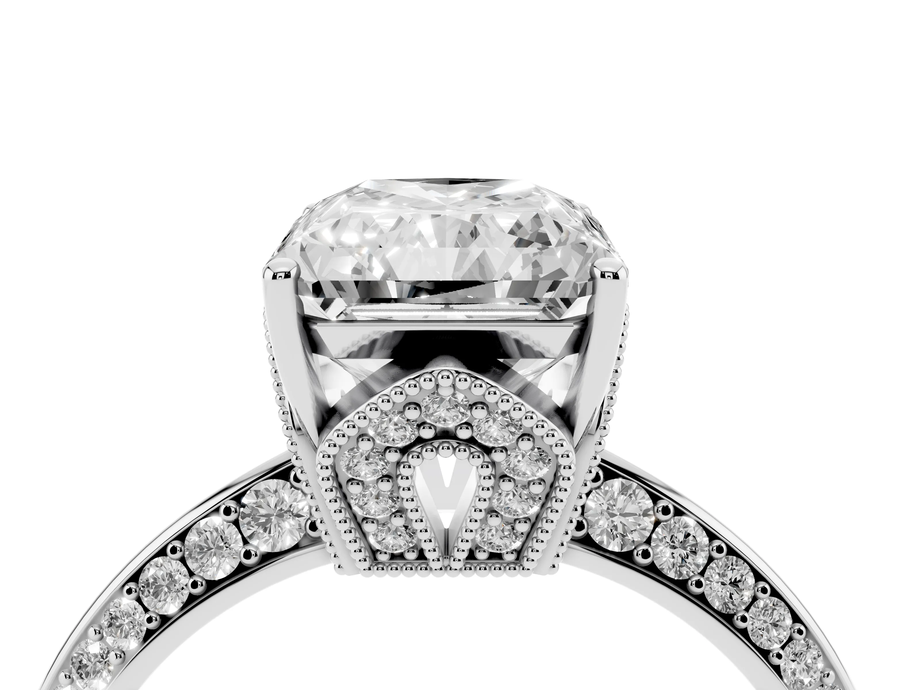 Radiant Cut Diamond Solitaire Engagement Ring Set in Silver with Pavé Split Shank and Prong Setting