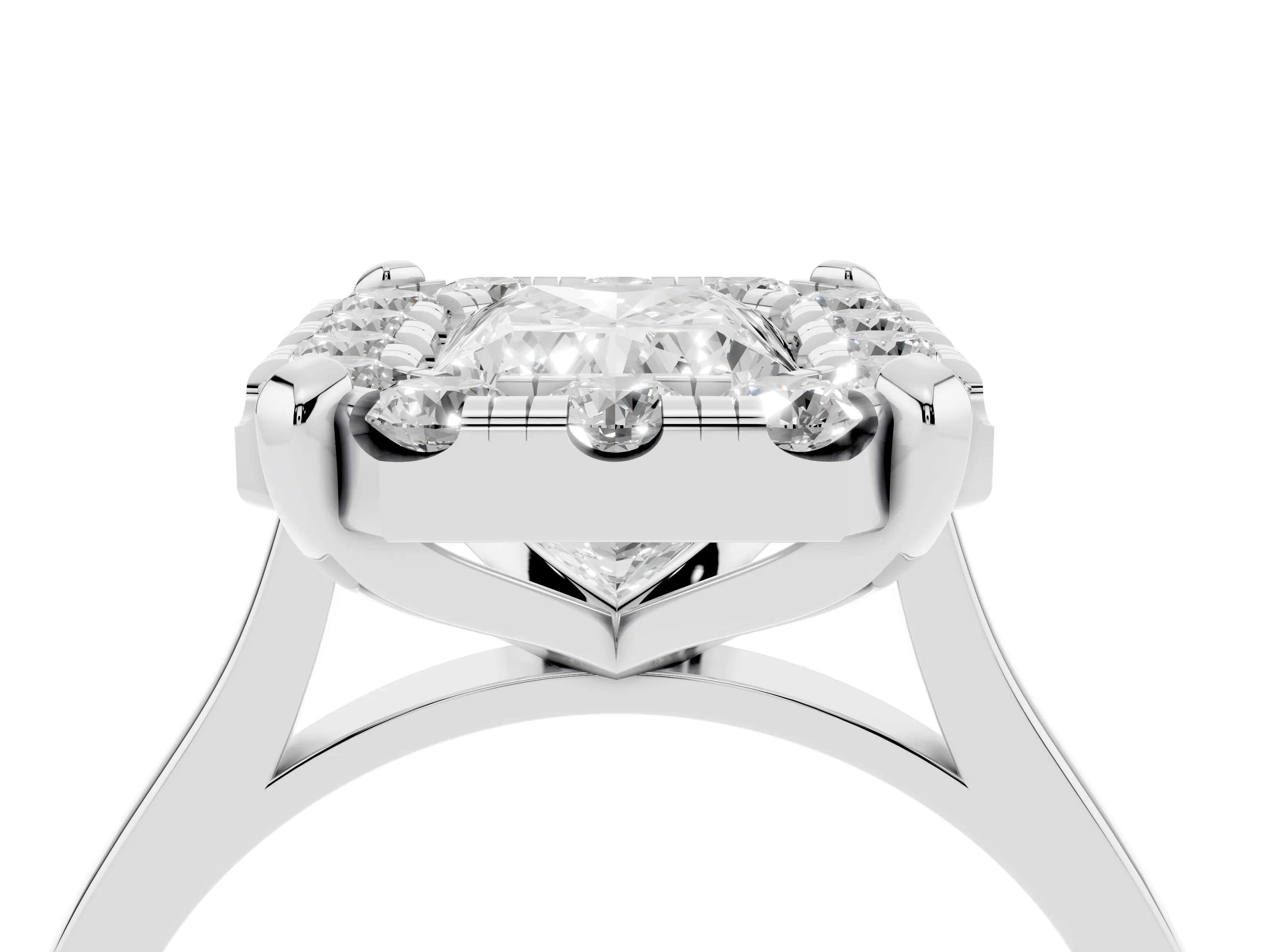 Radiant Cut Diamond Cluster Halo Solitaire Ring Set in White gold with Prong Setting