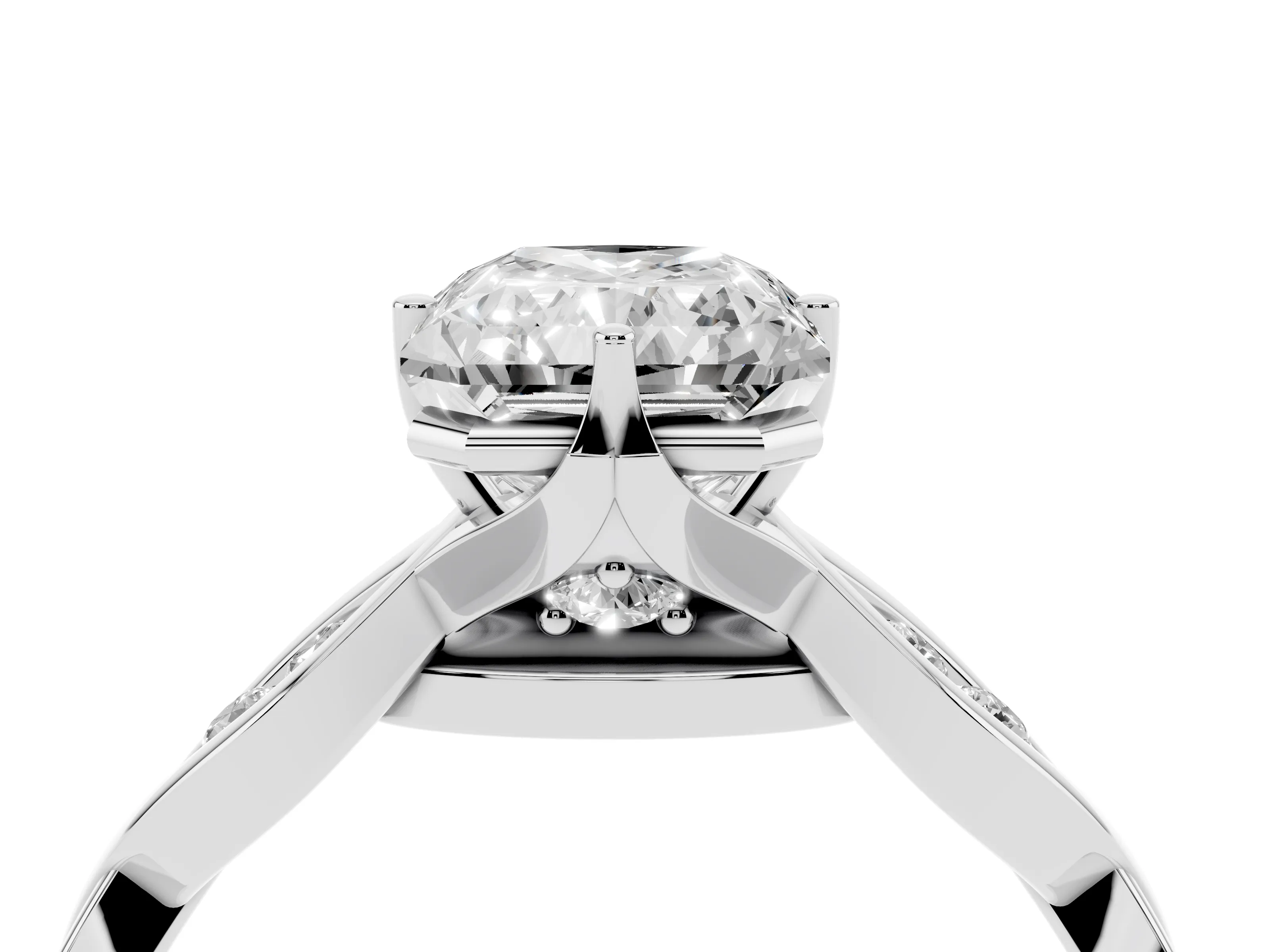 Radiant Cut Diamond Twist Band Solitaire Ring Set in Platinum with Leaf Prong Setting and Accent Stones