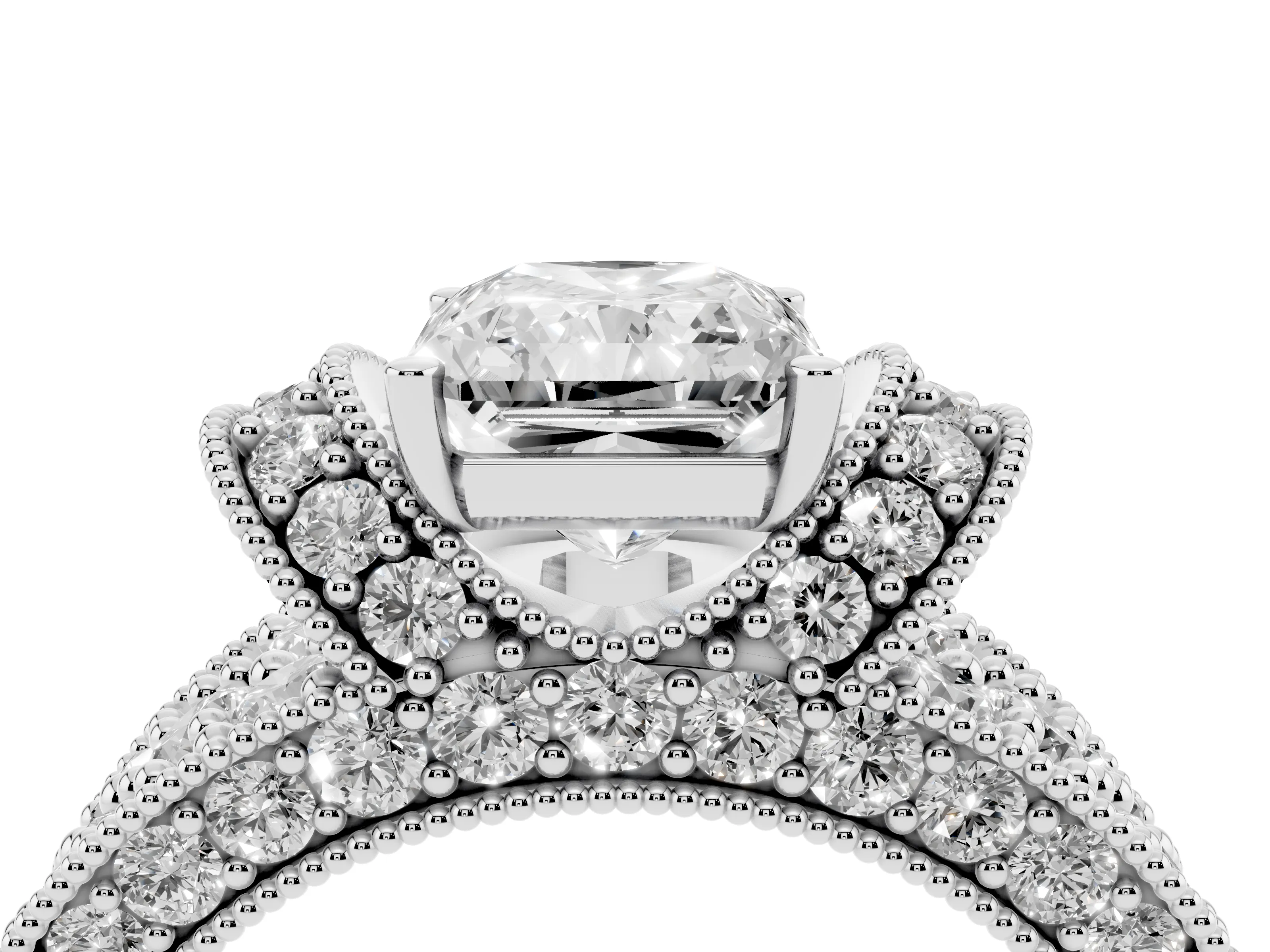 Radiant Cut Diamond Milgrain Halo Pavé Engagement Ring Set in Silver with Prong Setting