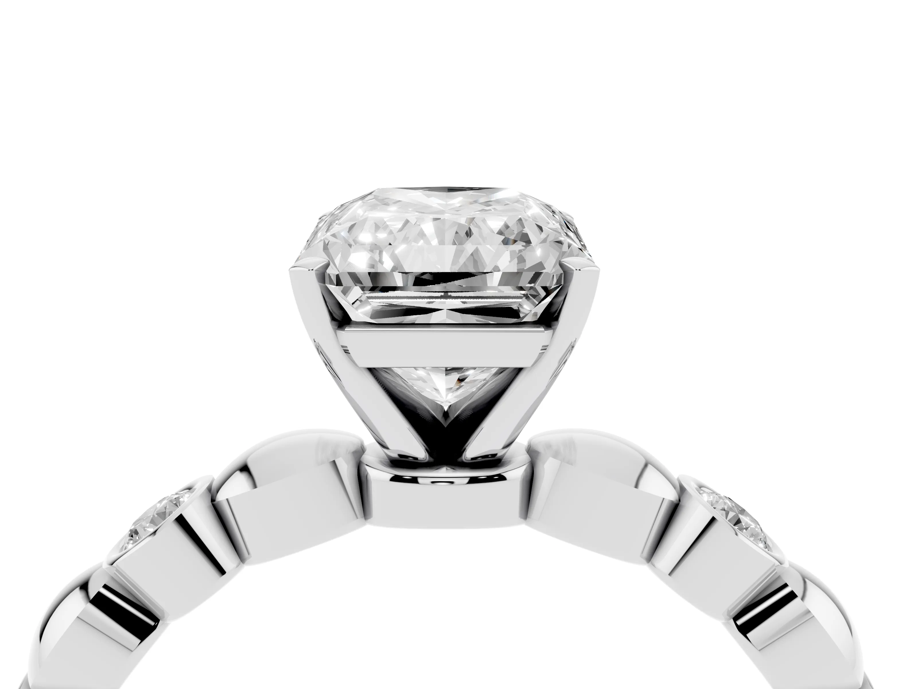 Radiant Cut Diamond Solitaire Ring Set in Silver with Bezel-Set Accents on Beaded Band and Prong Setting