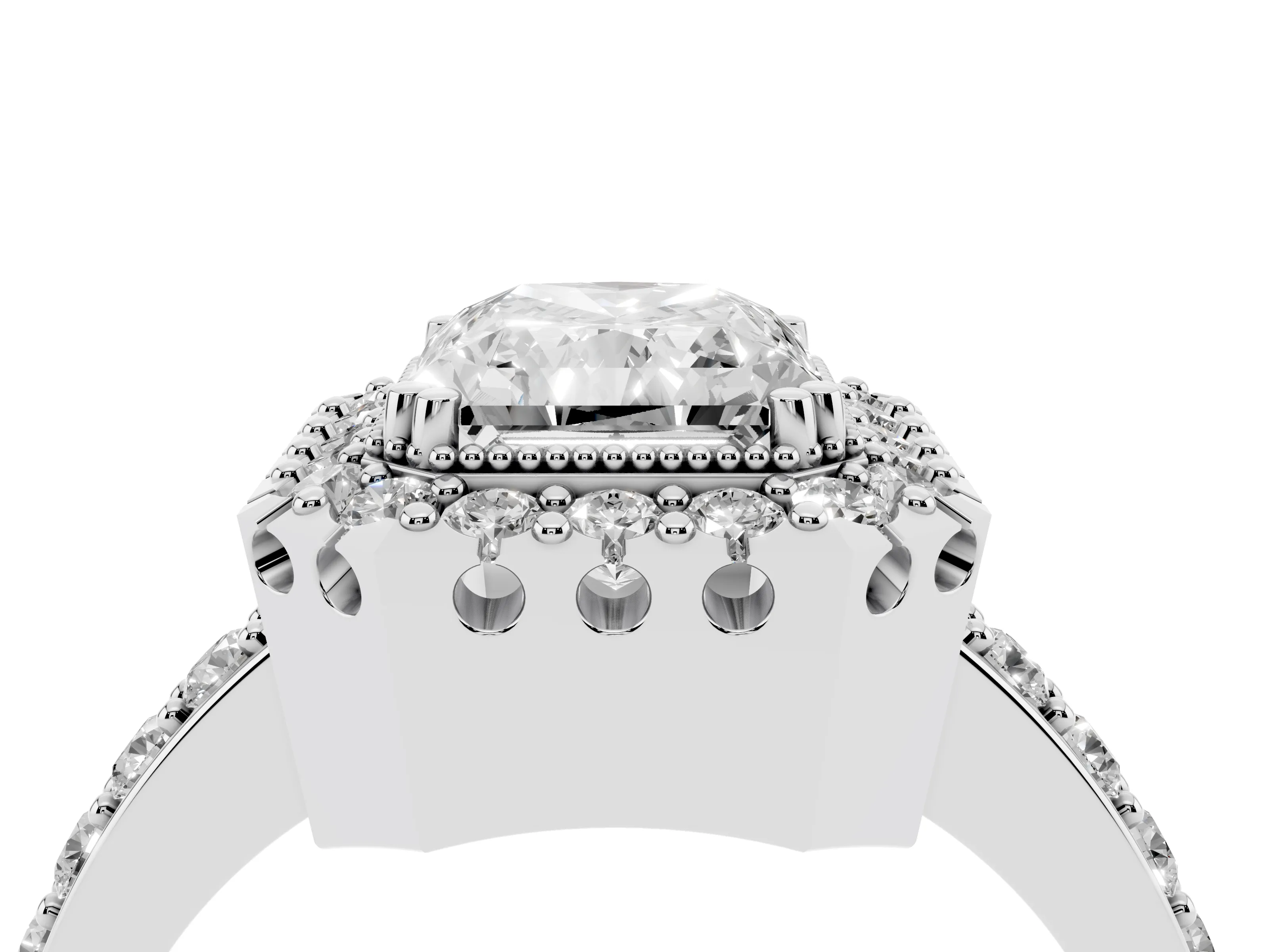 Radiant Cut Diamond Halo Ring Set in White gold with Pavé Shank and Prong Setting