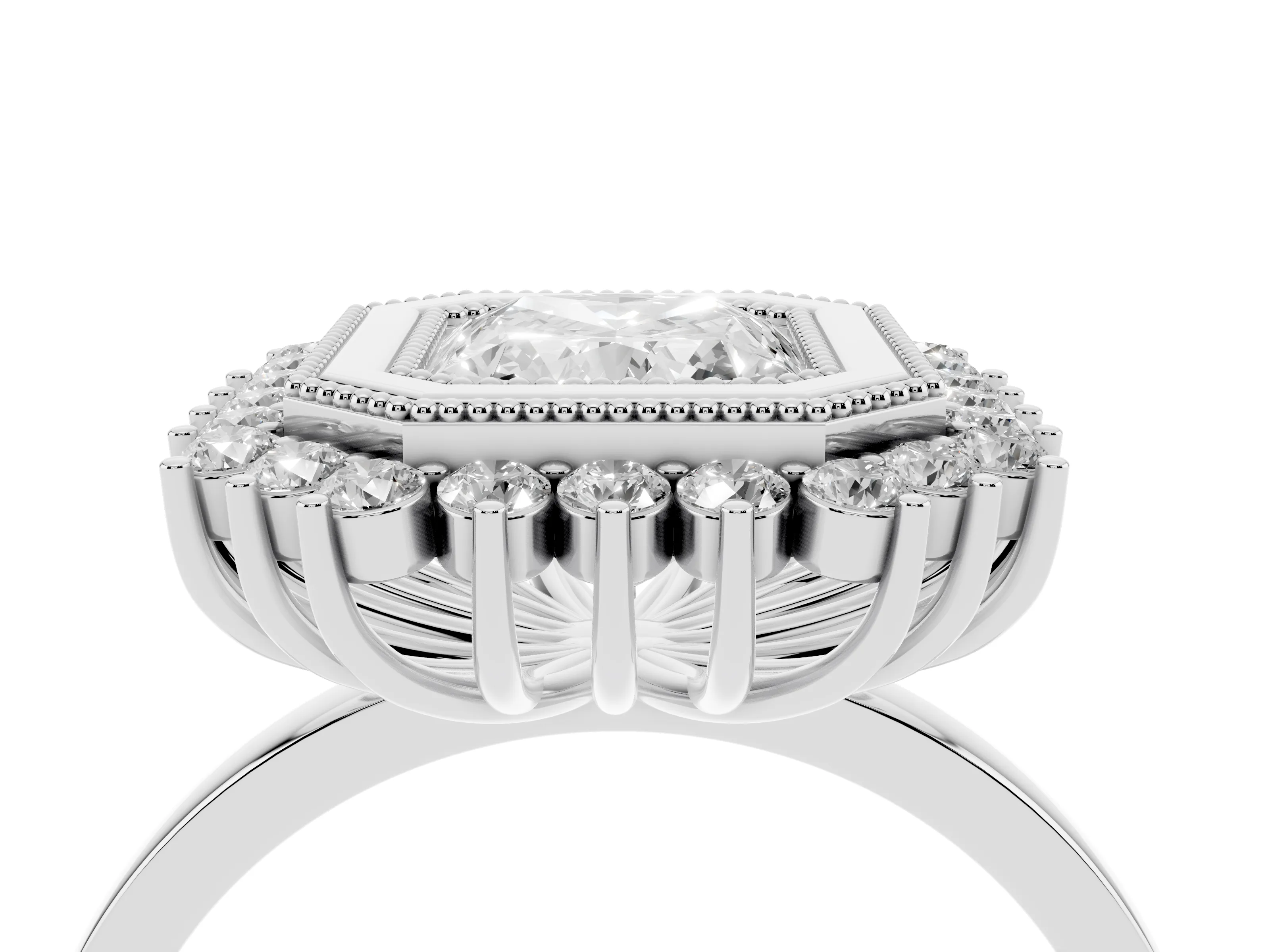 Radiant Cut Diamond Halo Ring Set in Silver with Milgrain Edge and Round Prong Setting