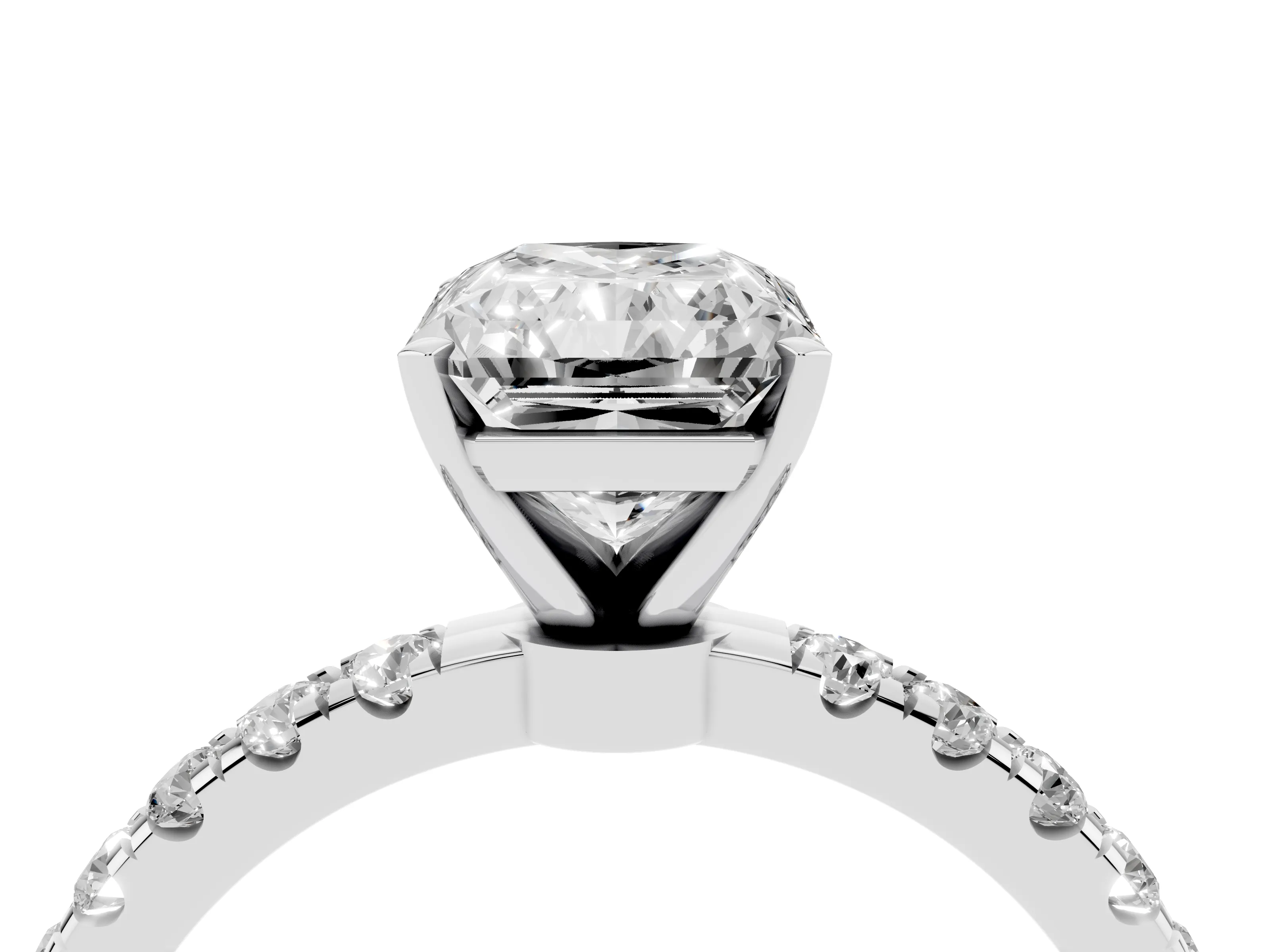 Radiant Cut Diamond Solitaire Ring Set in White gold with Pavé Accents and Prong Setting
