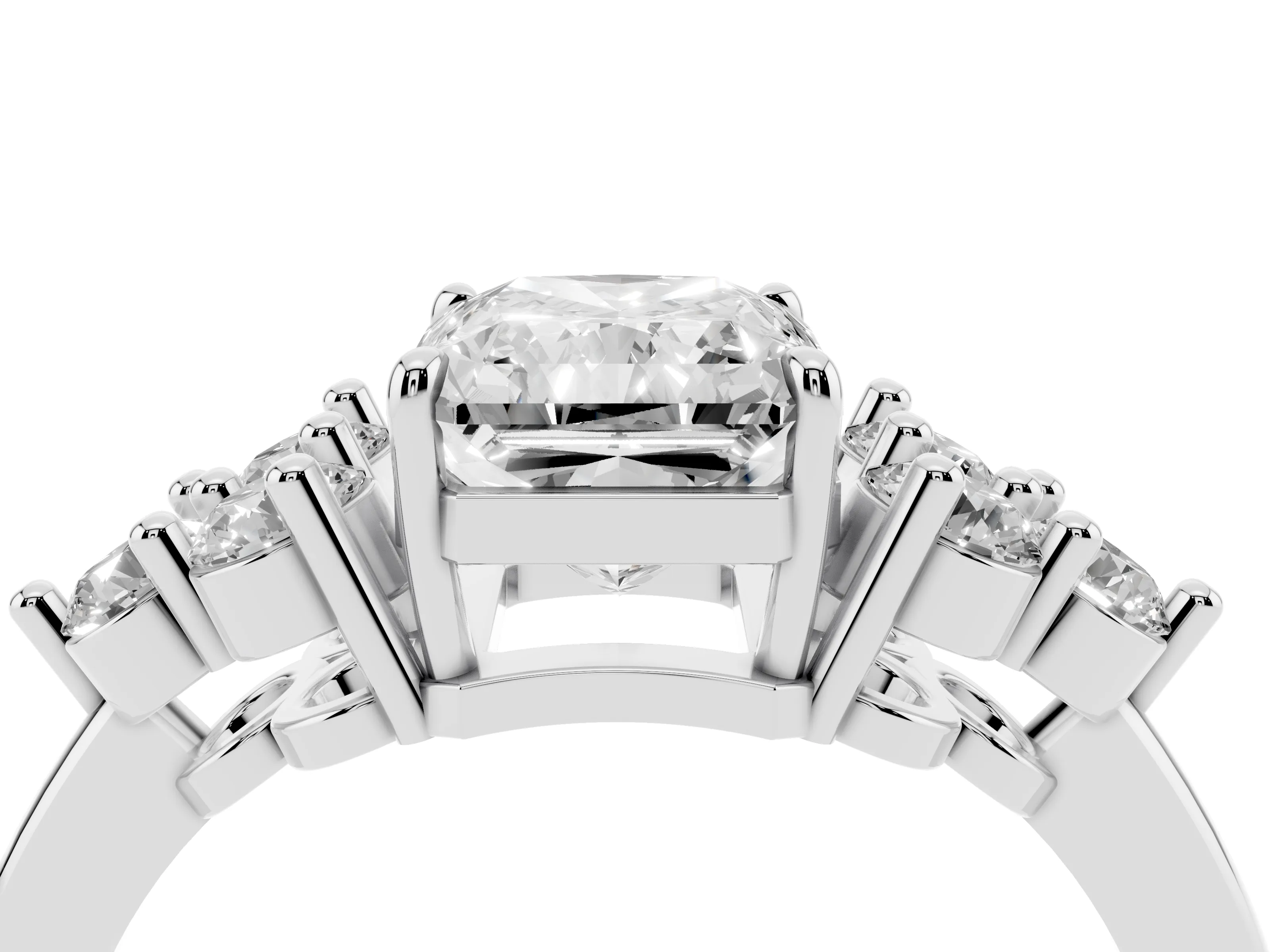 Radiant Cut Diamond Solitaire Ring Set in White gold with Cluster Accents on Each Side