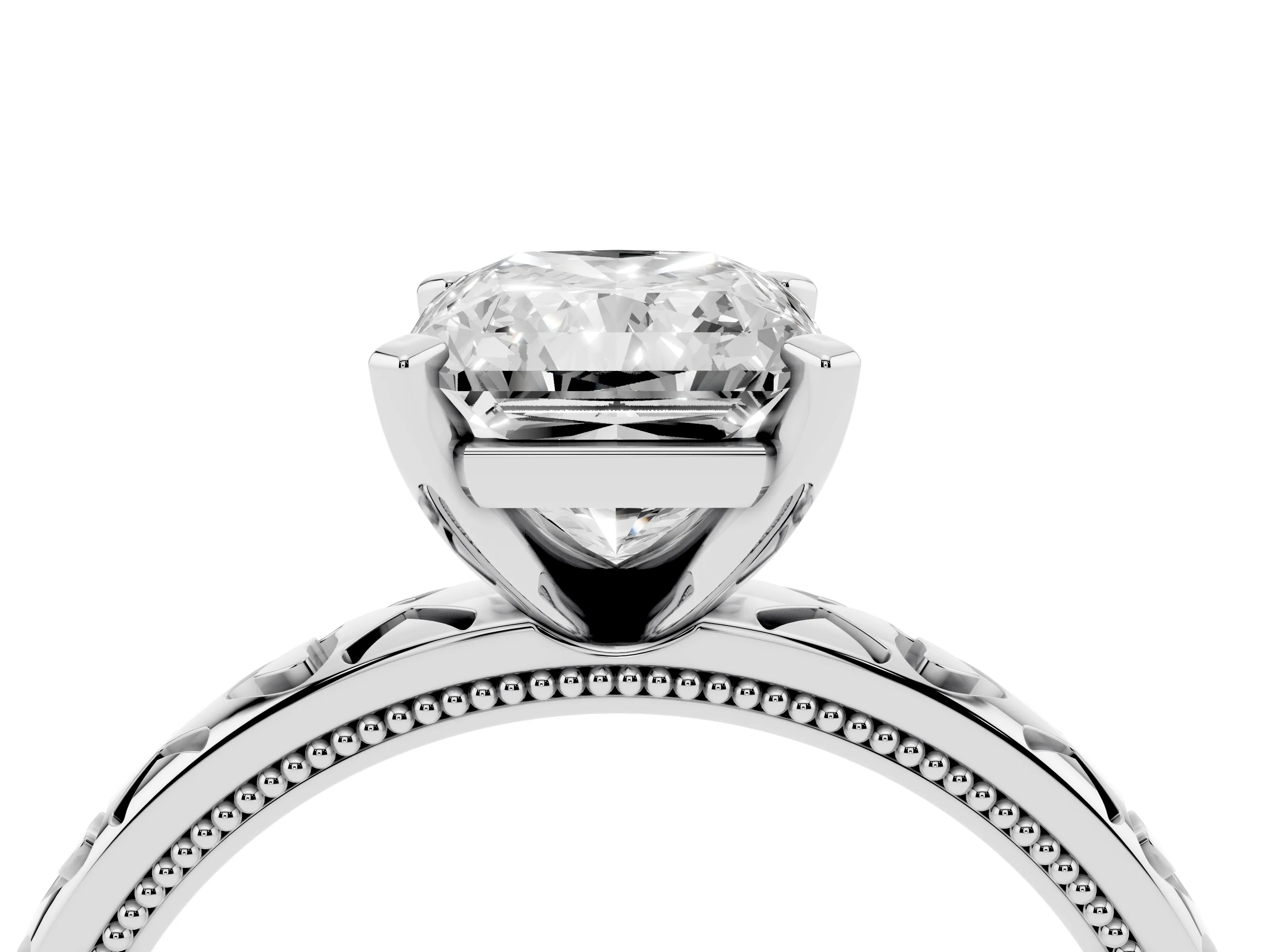 Radiant Cut Diamond Solitaire Engagement Ring Set in Platinum with XO Engraved Band and Prong Setting
