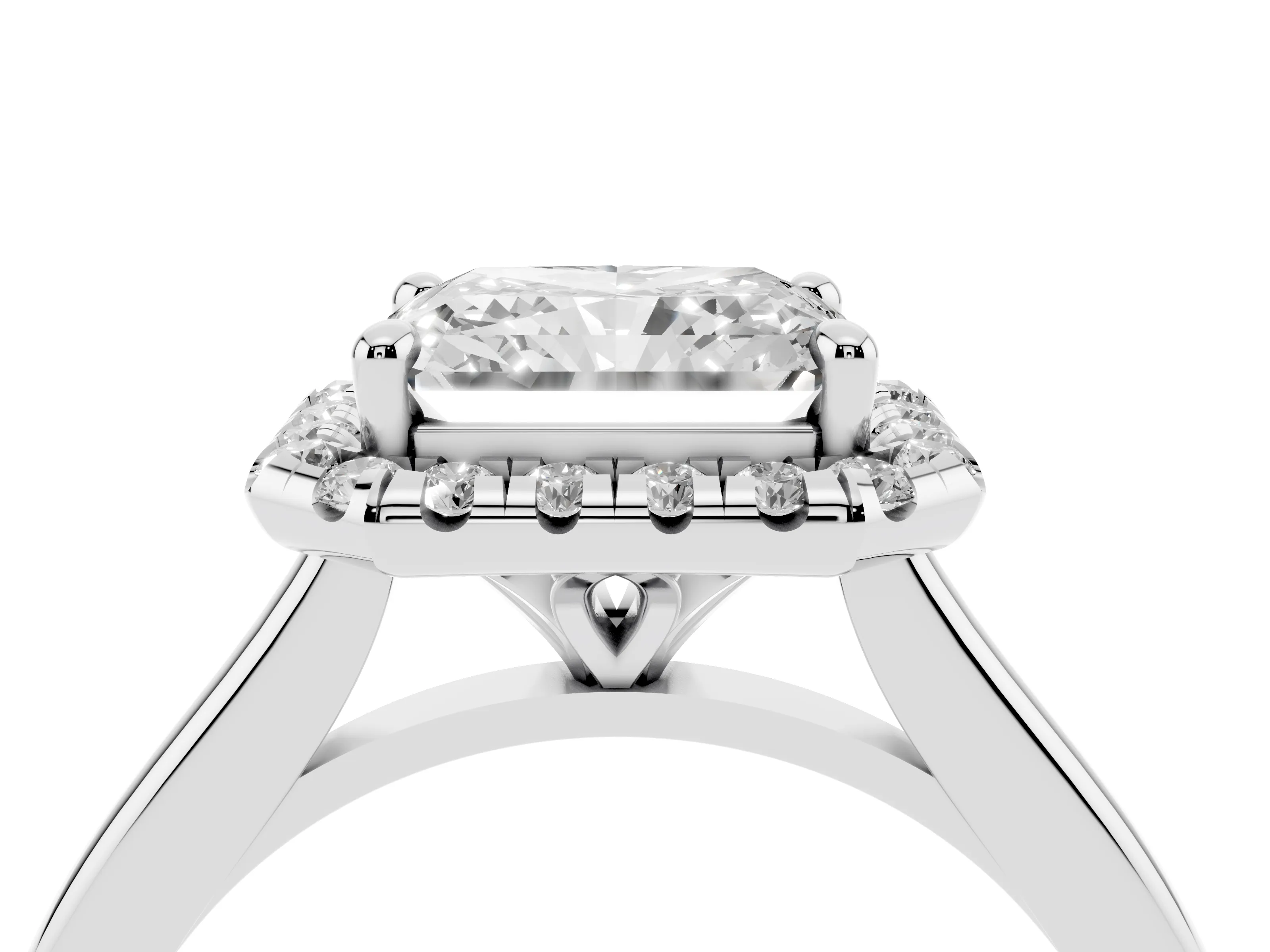 Radiant Cut Diamond Halo Engagement Ring Set in Silver with Pavé Band and Rising Shoulders