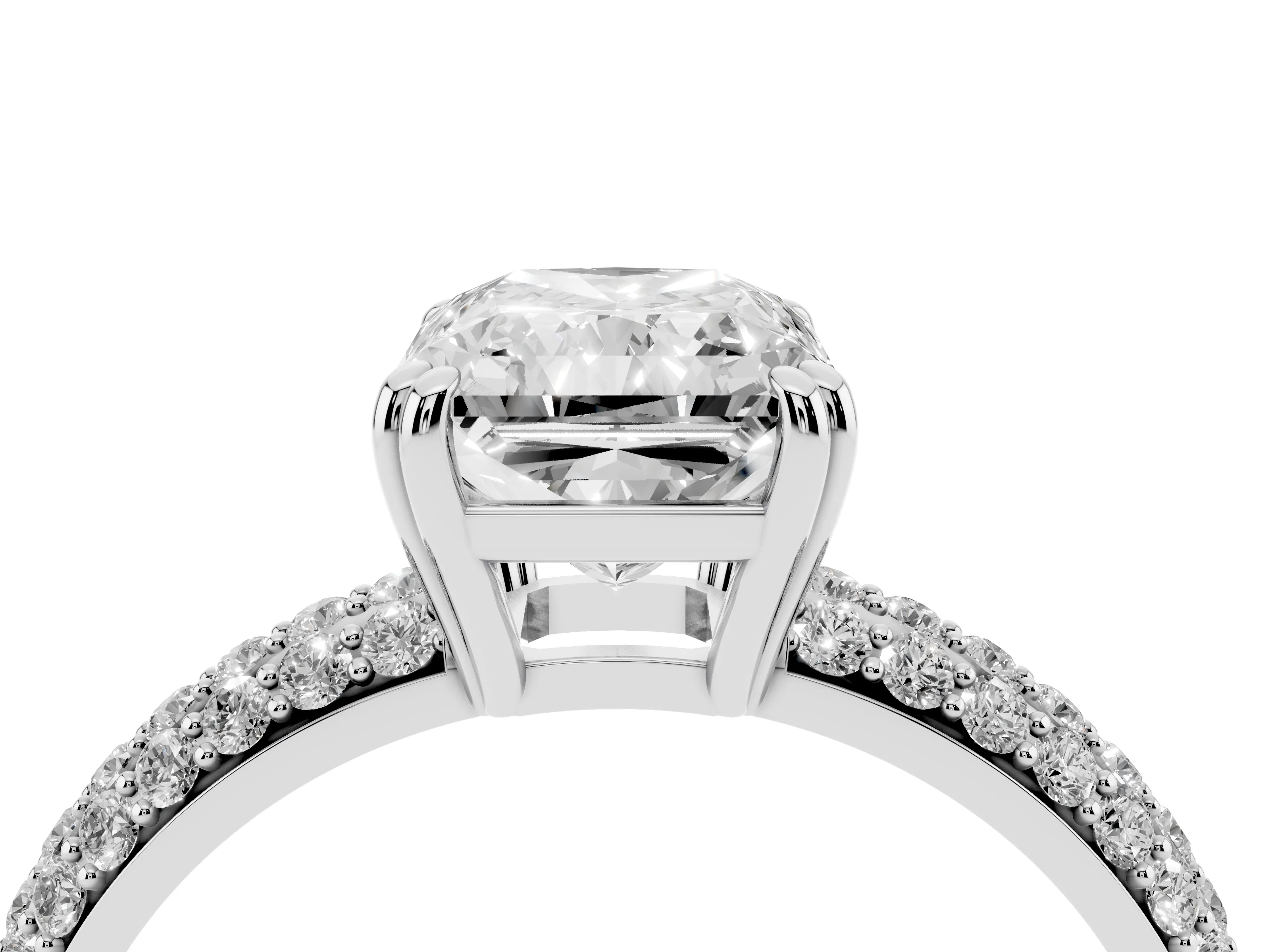 Radiant Cut Diamond Solitaire Ring Set in Platinum with Multi-Row Round Pavé Band and Prong Setting