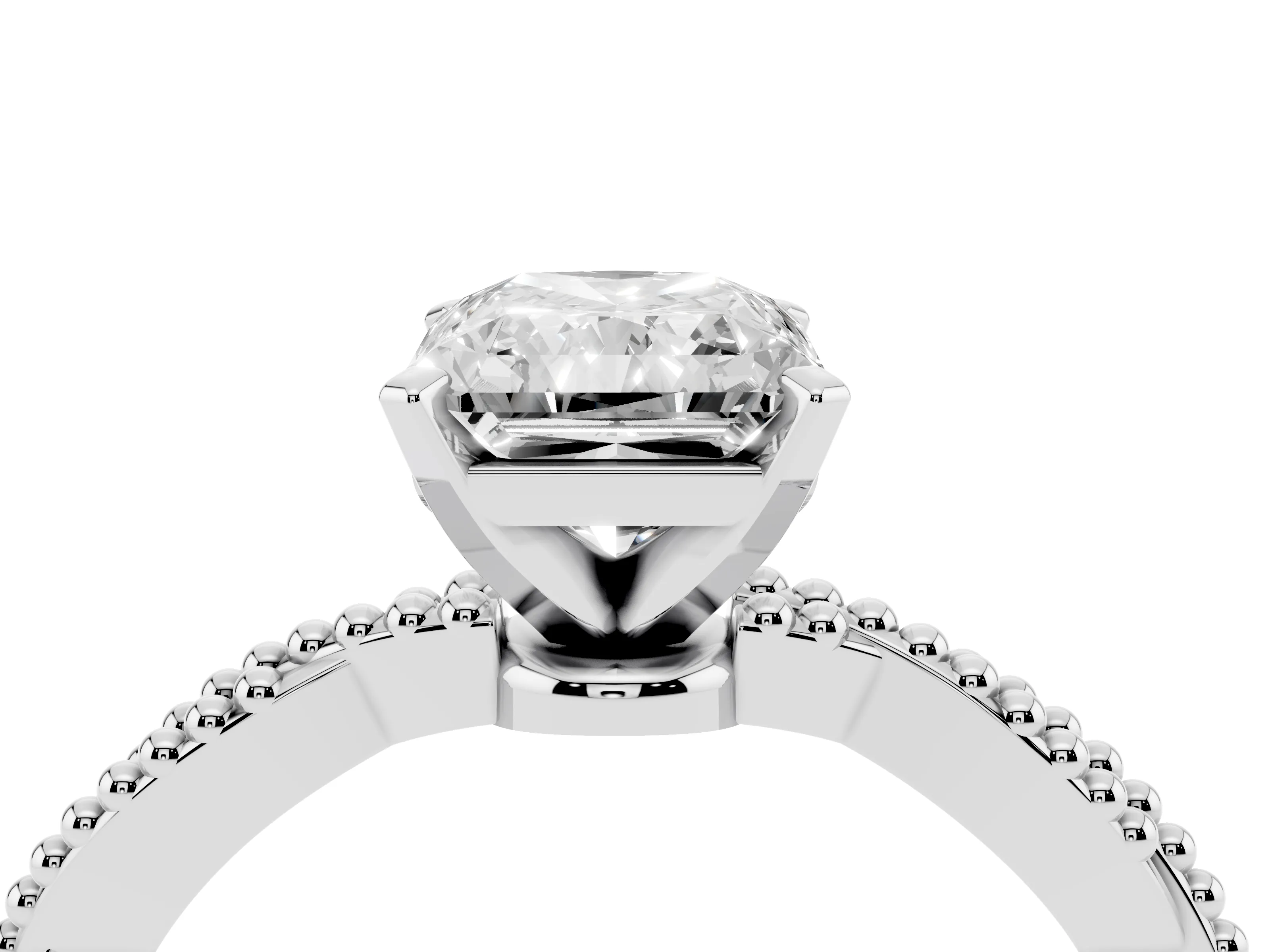 Radiant Cut Diamond Solitaire Ring Set in Platinum with Twisted Band and Bead Prong Setting