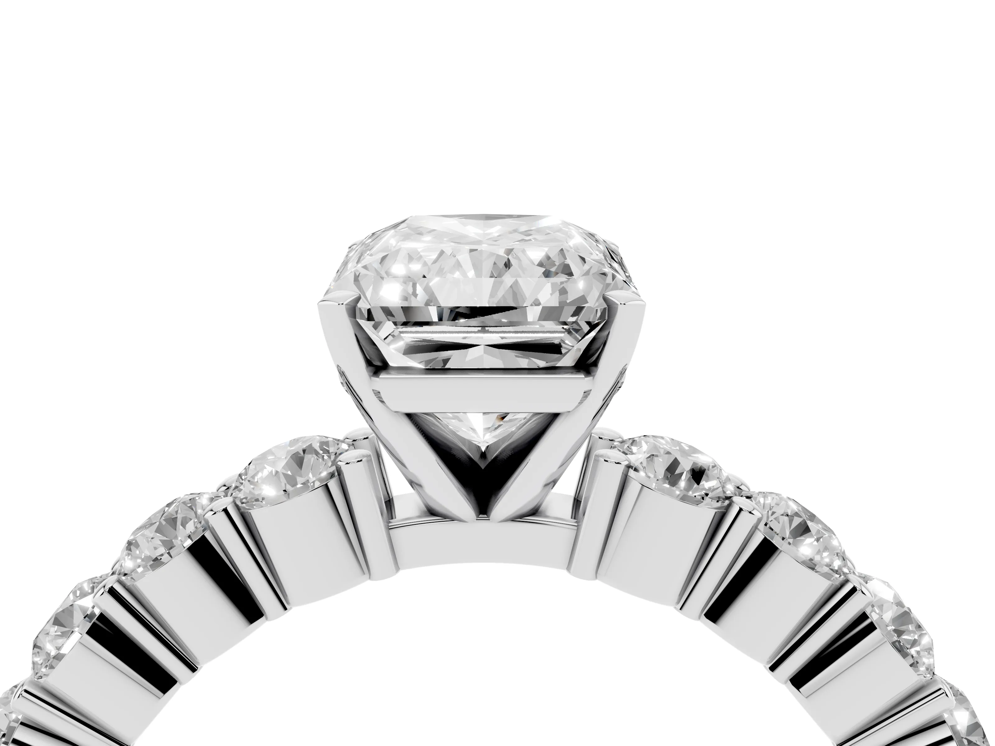 Radiant Cut Diamond Solitaire Ring Set in Silver with Shared Prong Round Side Stones