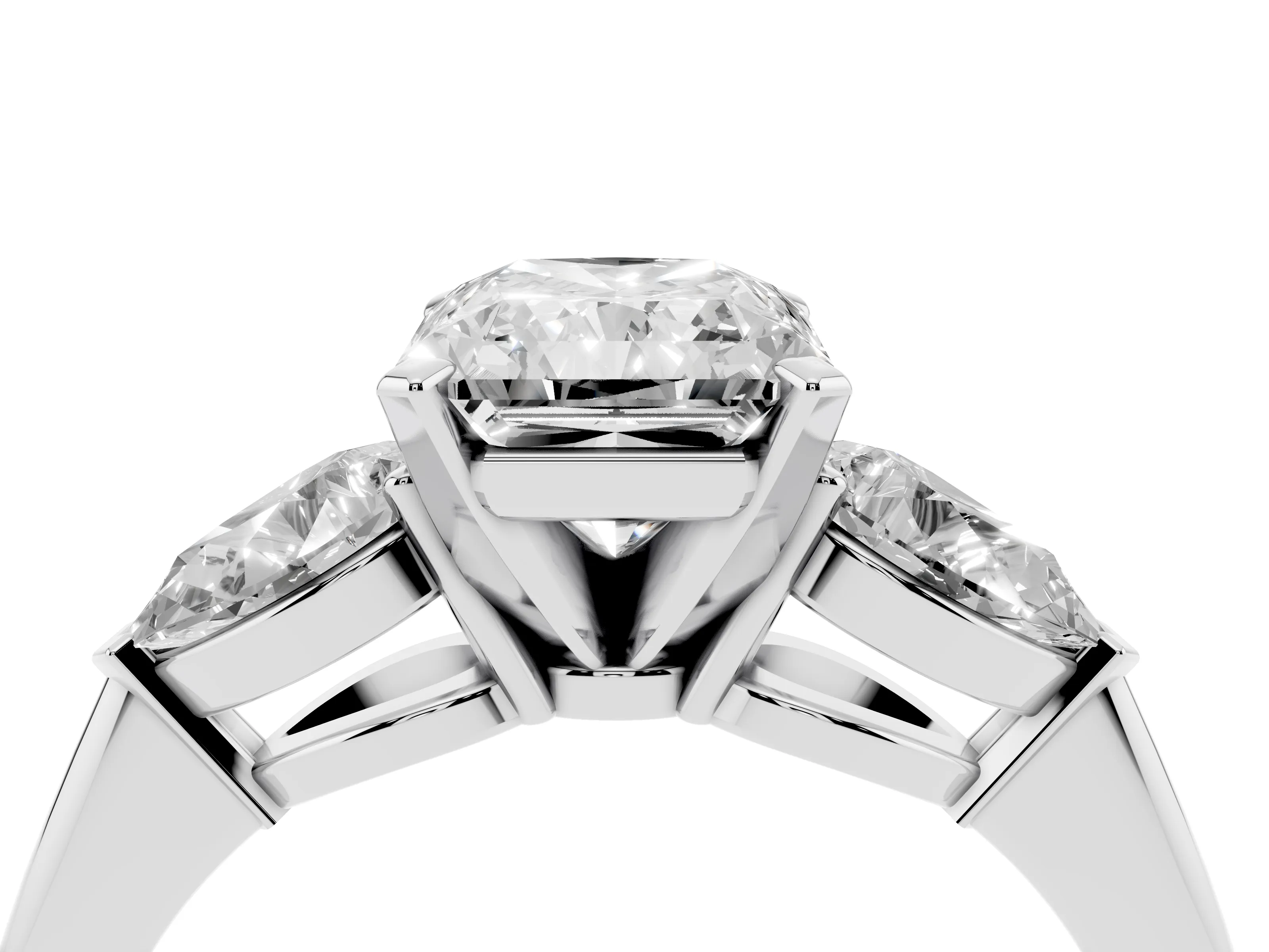 Three-Stone Radiant Cut Diamond Ring Set in Silver with Pear Side Stones and Prong Setting