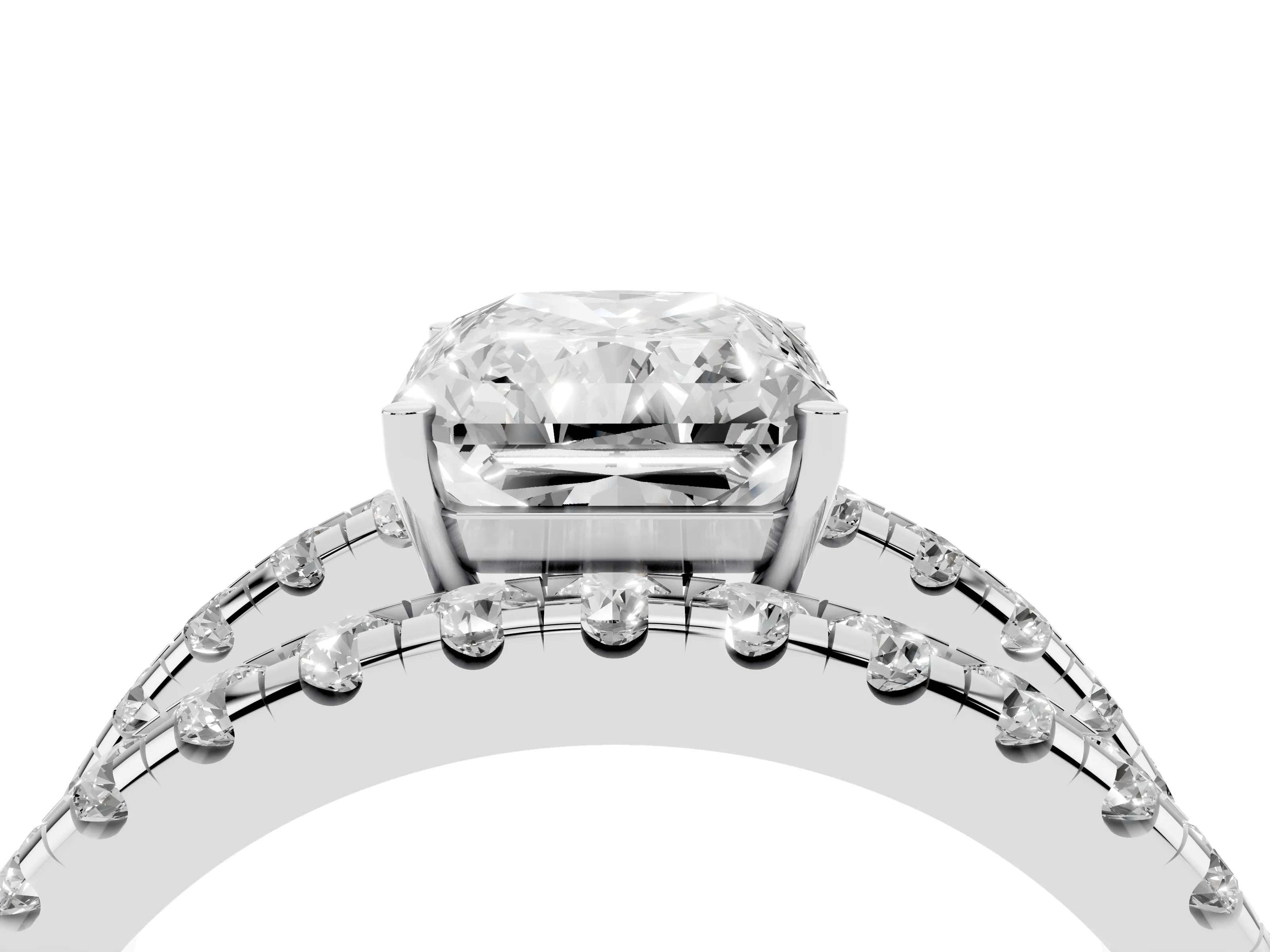 Radiant Cut Diamond Split Shank Pavé Solitaire Ring Set in Platinum with Open Shank Design