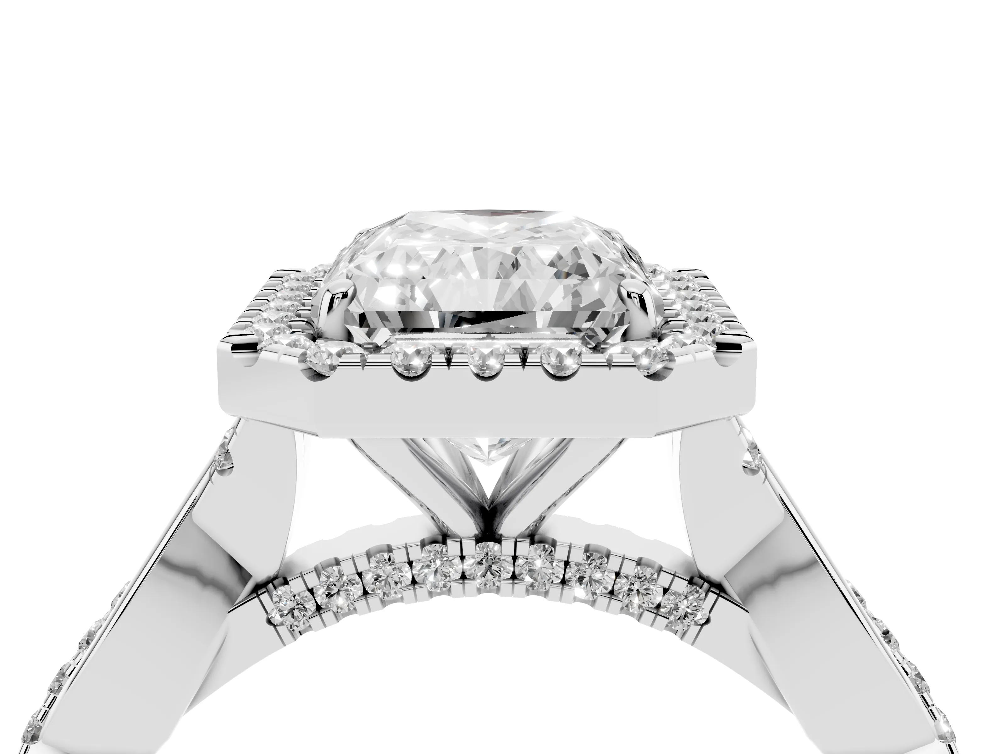 Radiant Cut Diamond Halo Twist Band Solitaire Ring Set in White gold with Prong Setting