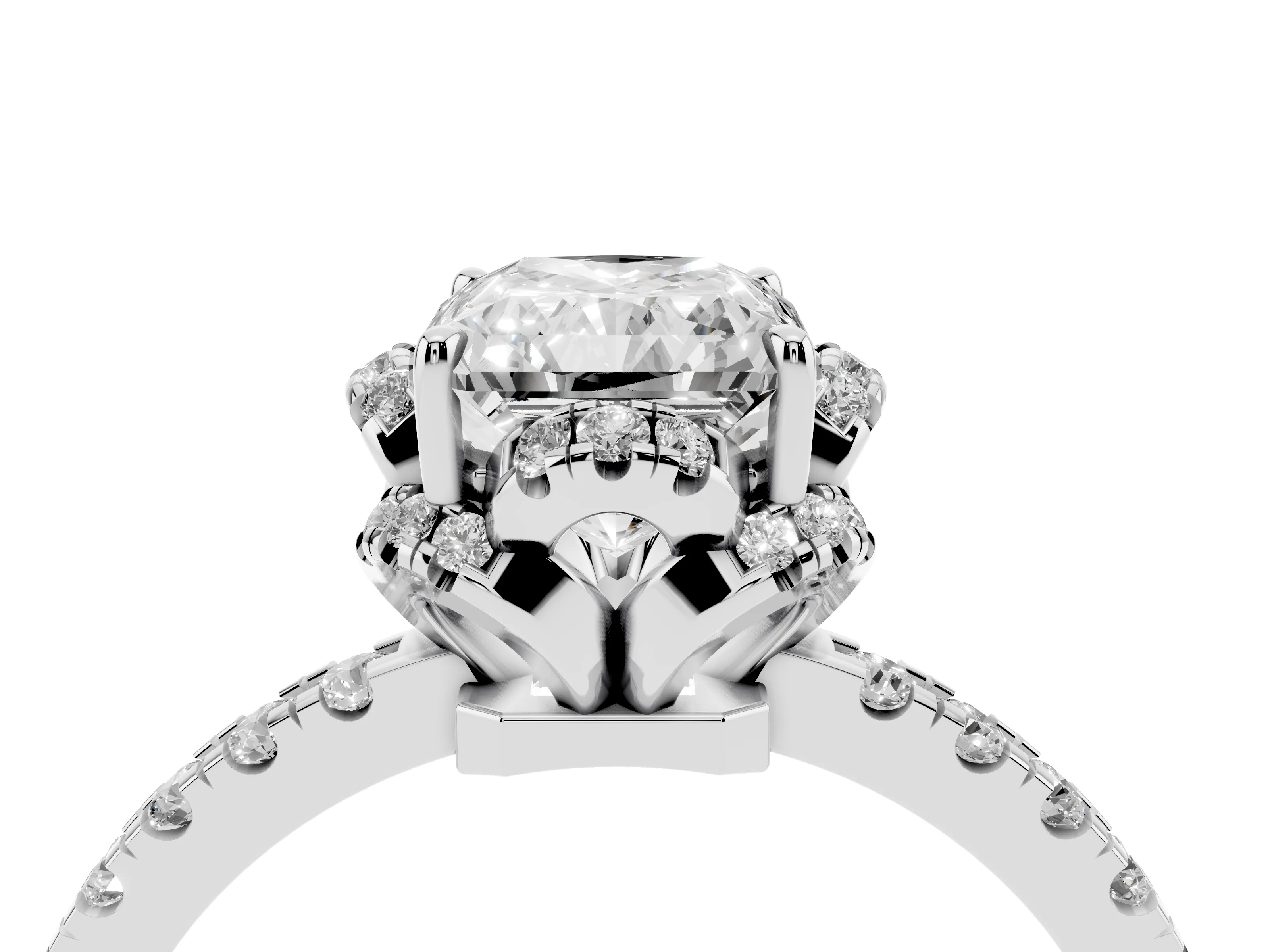 Radiant Cut Diamond Halo Pavé Band Ring Set in Platinum with Prong-Held Center