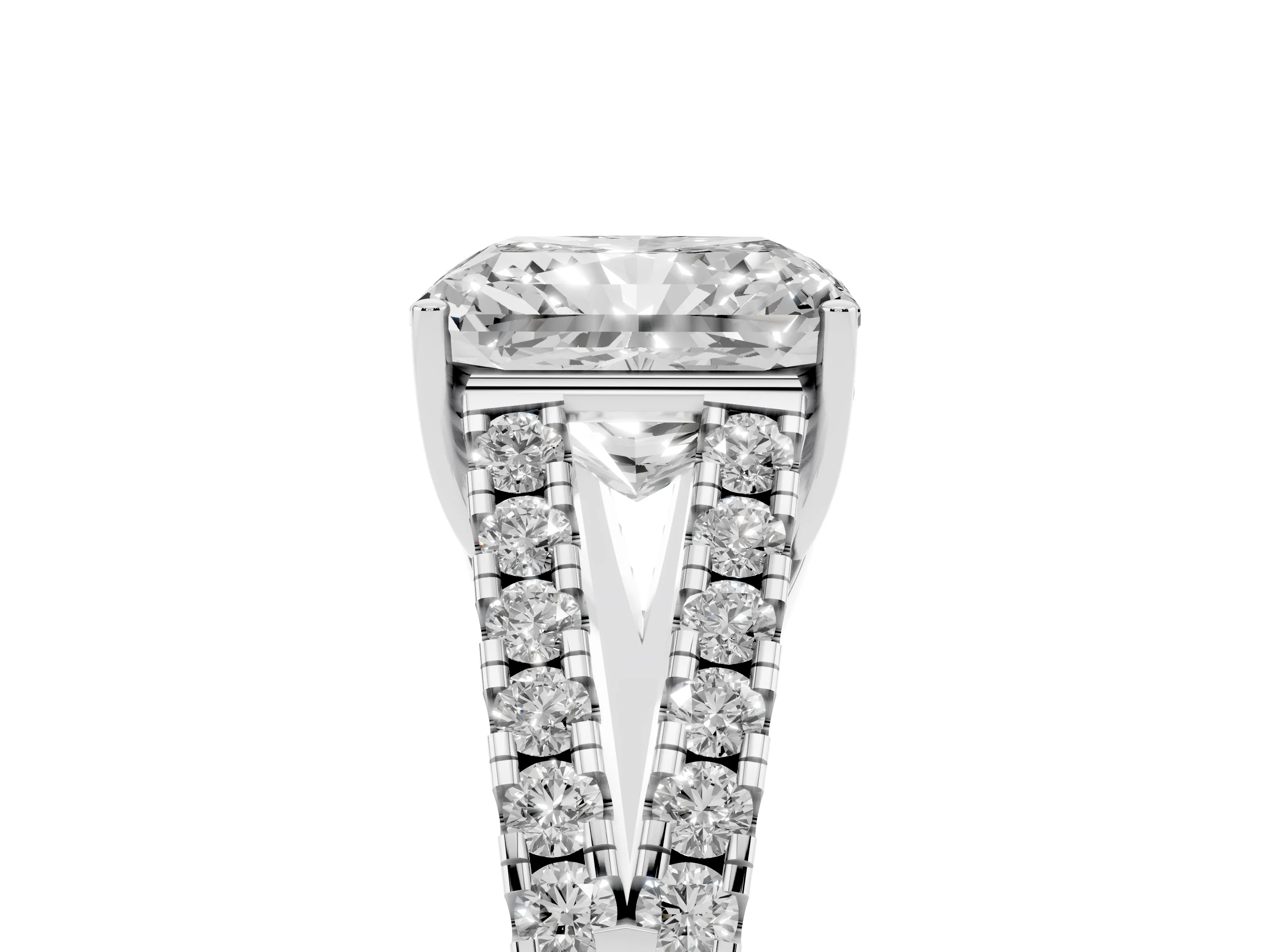 Radiant Cut Diamond Split Shank Pavé Engagement Ring Set in Platinum with Prong-Held Center Stone