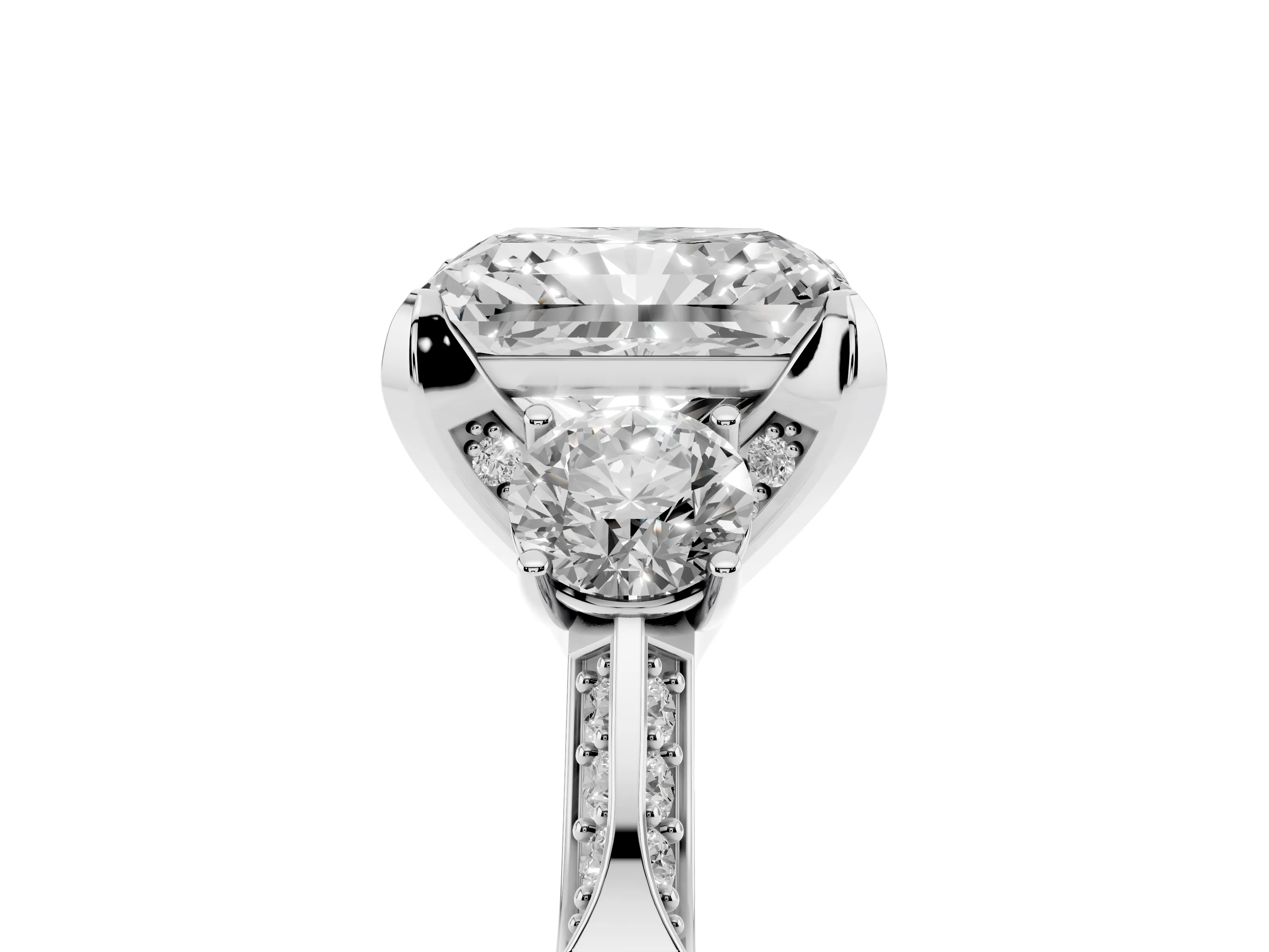 Radiant Cut Diamond Three-Stone Ring Set in Platinum with Pavé Band and Smaller Side Stones