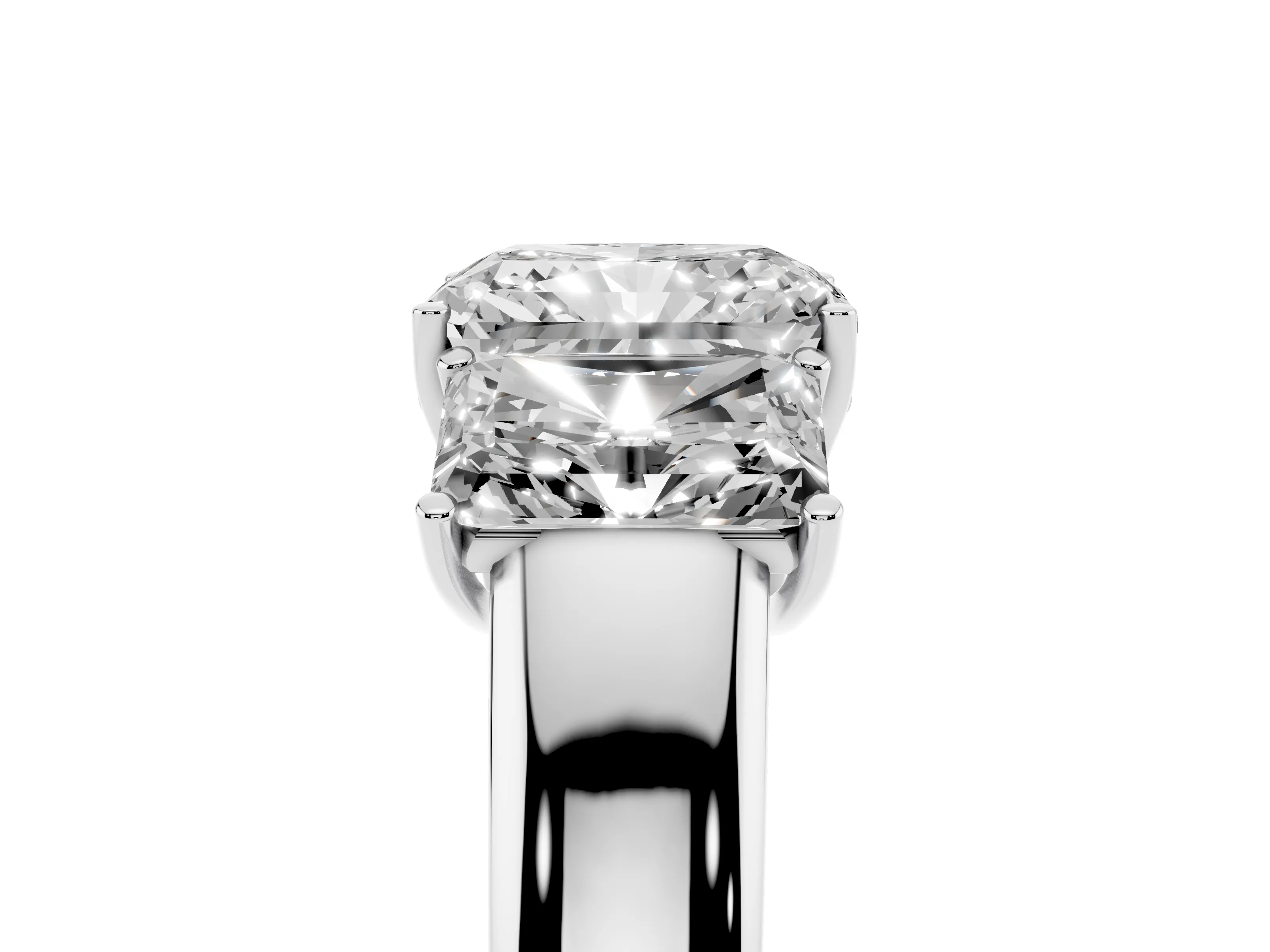 Three-Stone Radiant Cut Diamond Ring Set in White gold with Matching Prong Settings and Plain Band