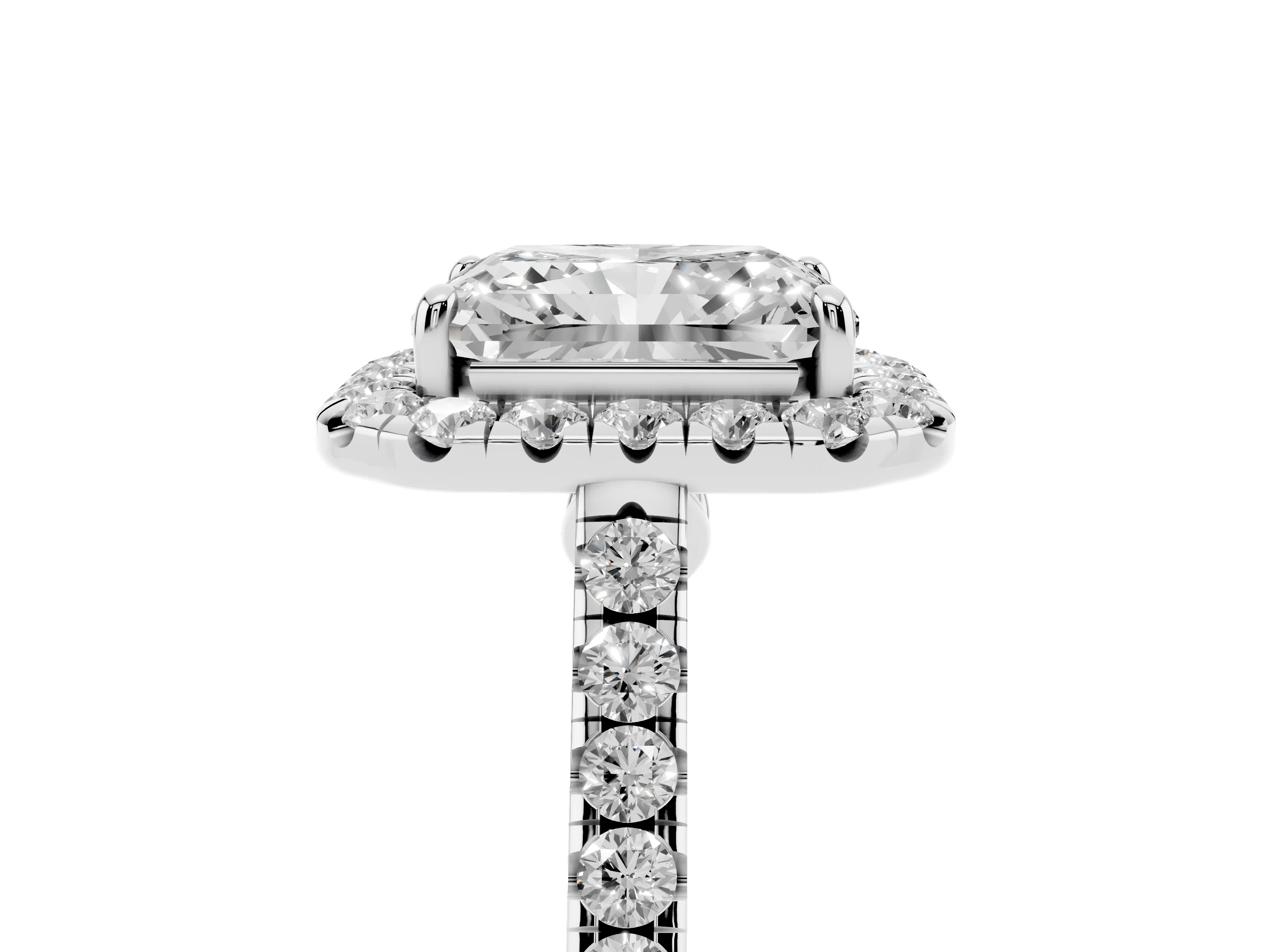 Radiant Cut Diamond Halo Pavé Engagement Ring Set in Platinum with Prong Setting