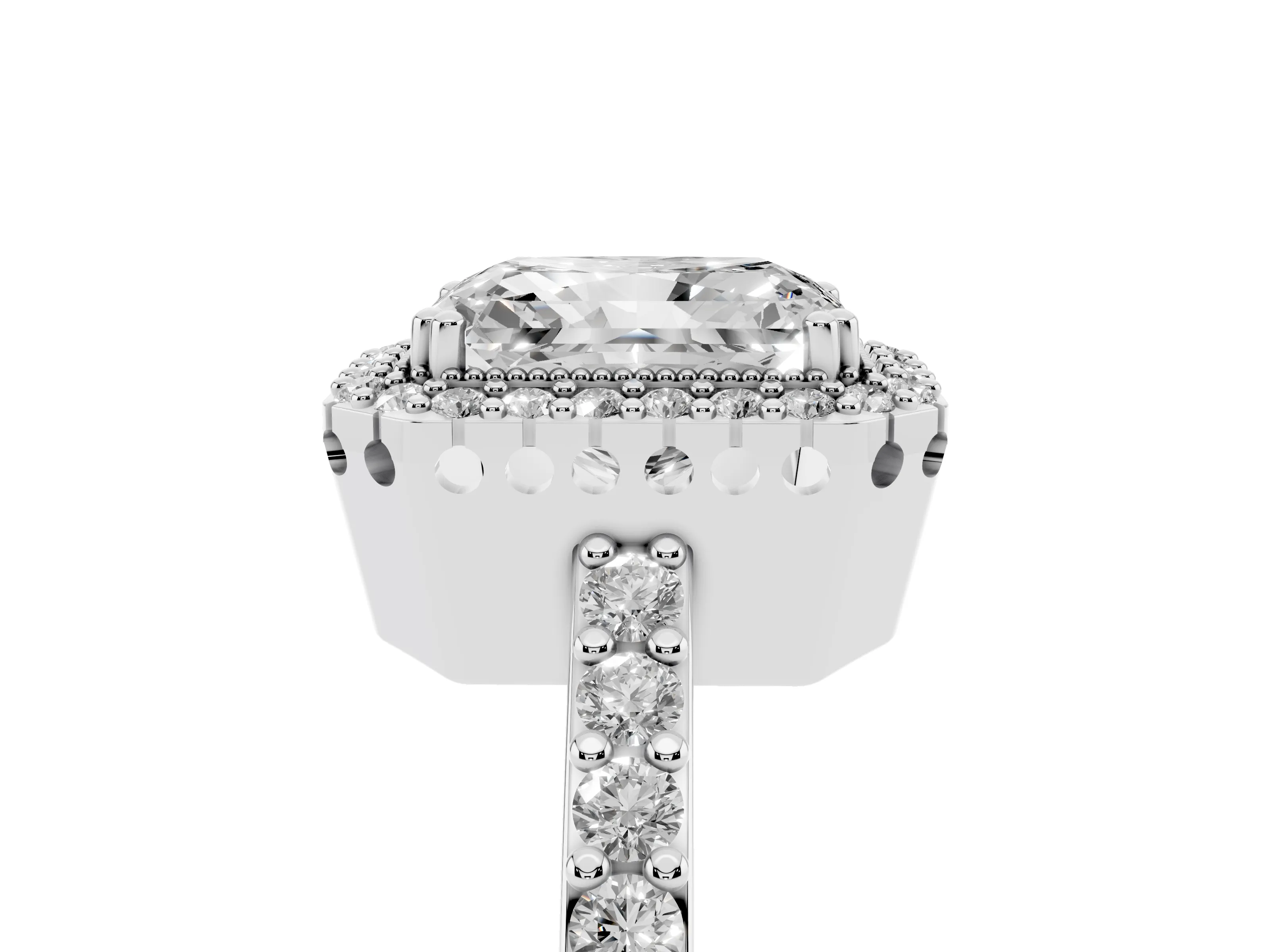 Radiant Cut Diamond Halo Engagement Ring Set in Platinum with Milgrain Detail and Pavé Band