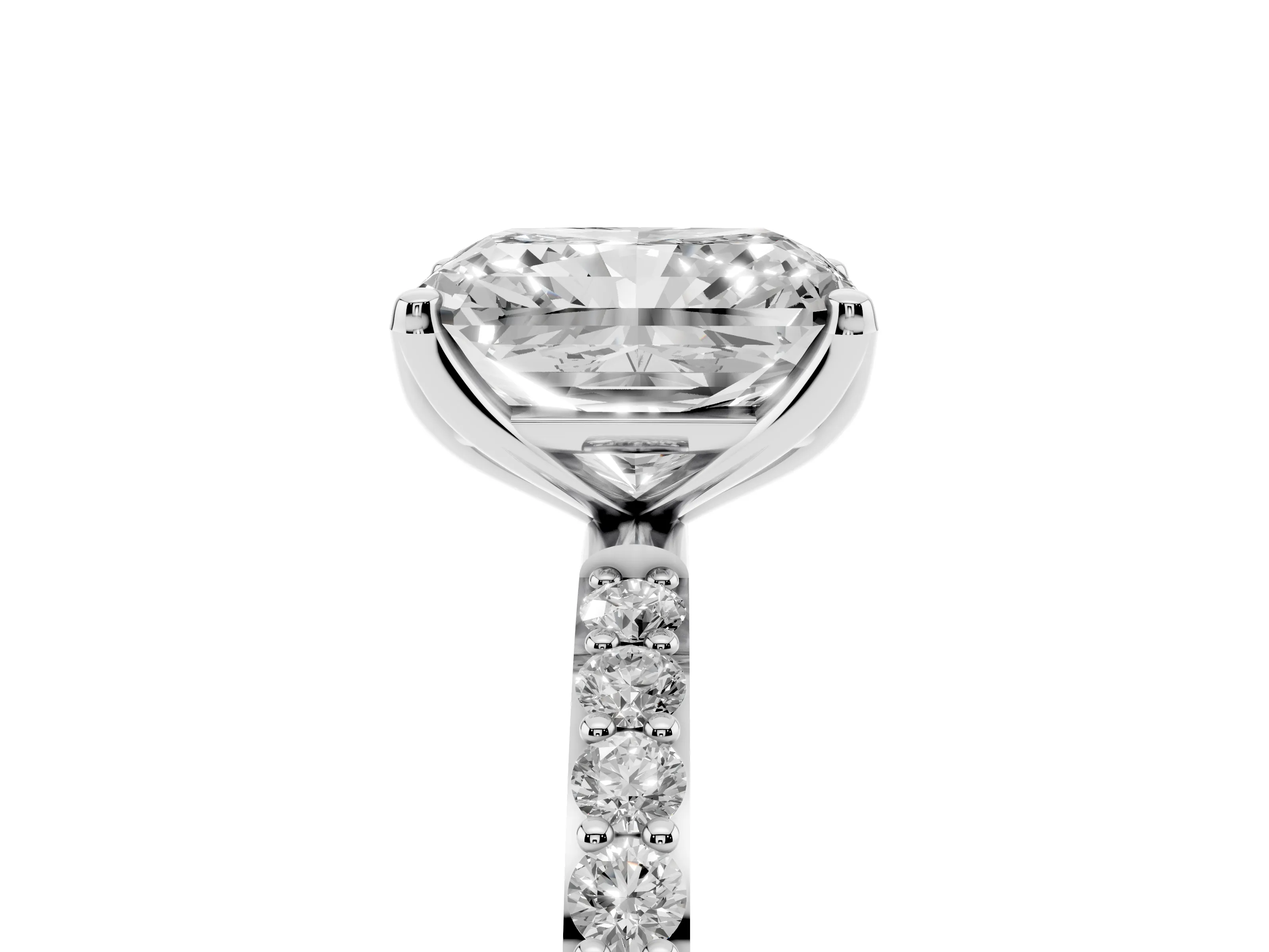 Radiant Cut Diamond Solitaire Engagement Ring Set in White gold with Round Pavé Band and Prong Setting