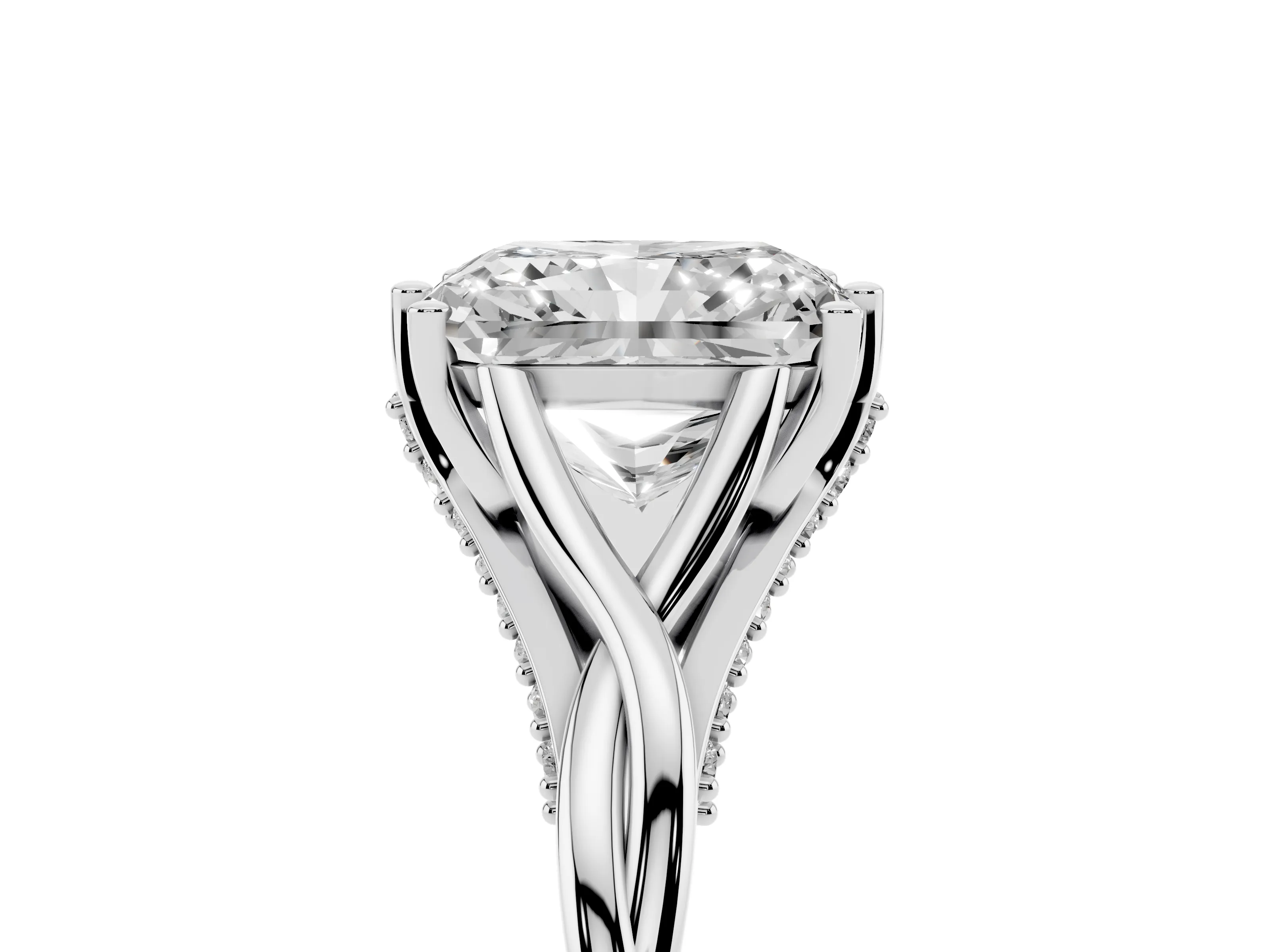 Radiant Cut Diamond Intertwined Twist Band Solitaire Ring Set in White gold with Prong Setting