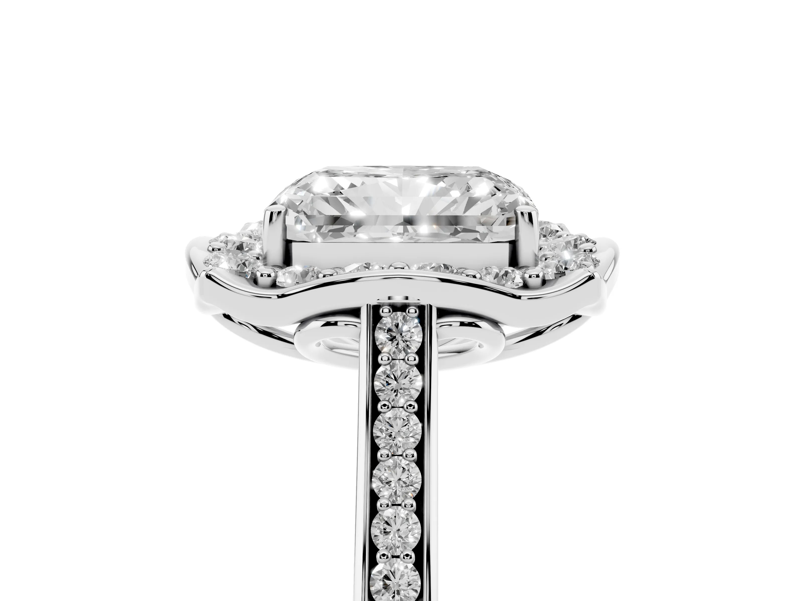 Radiant Cut Diamond Halo Ring Set in Silver with Pavé-Lined Shoulders and Prong Setting