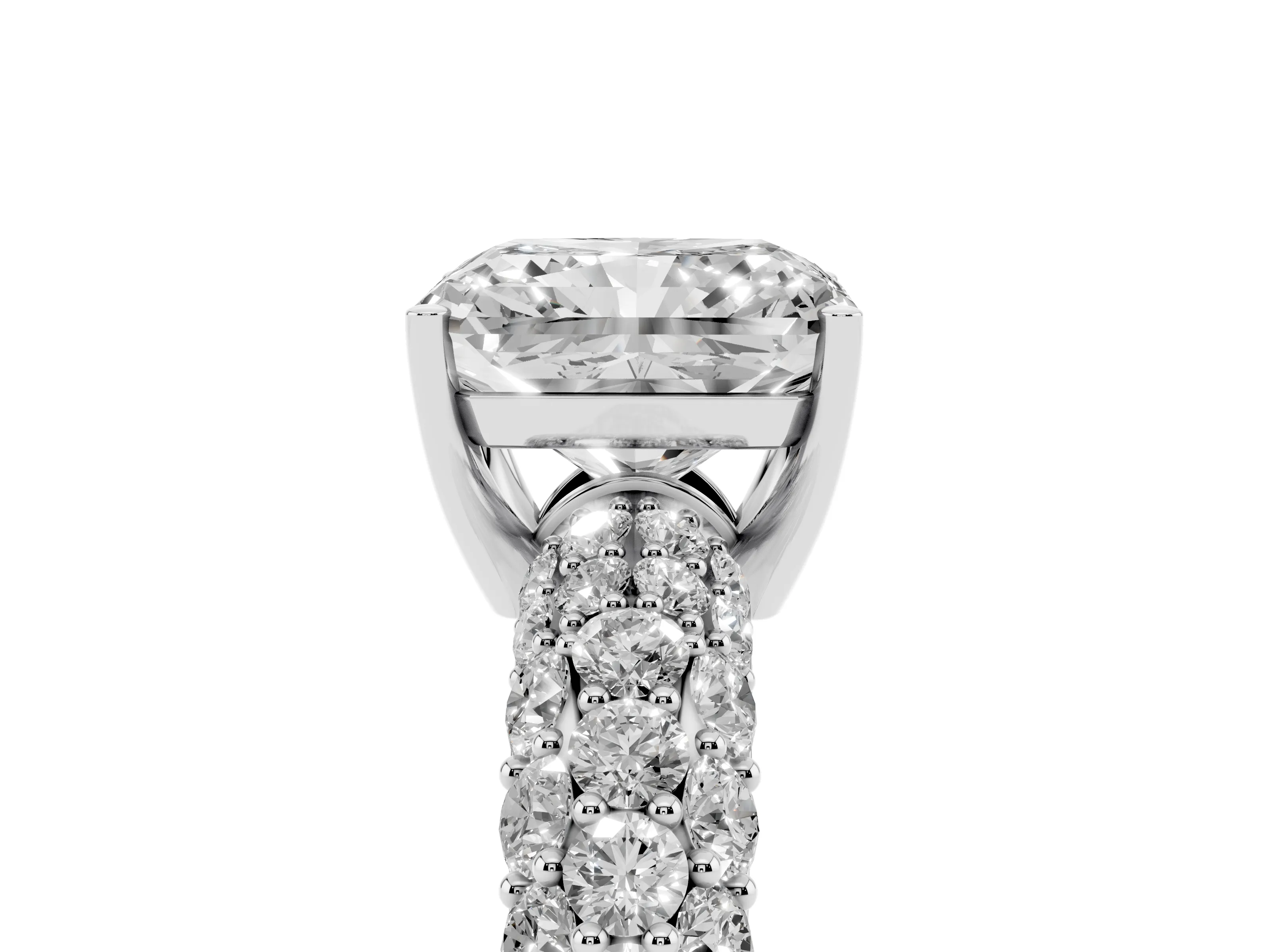 Radiant Cut Diamond Pavé Band Solitaire Ring Set in White gold with Close-Set Accent Stones and Prong Setting