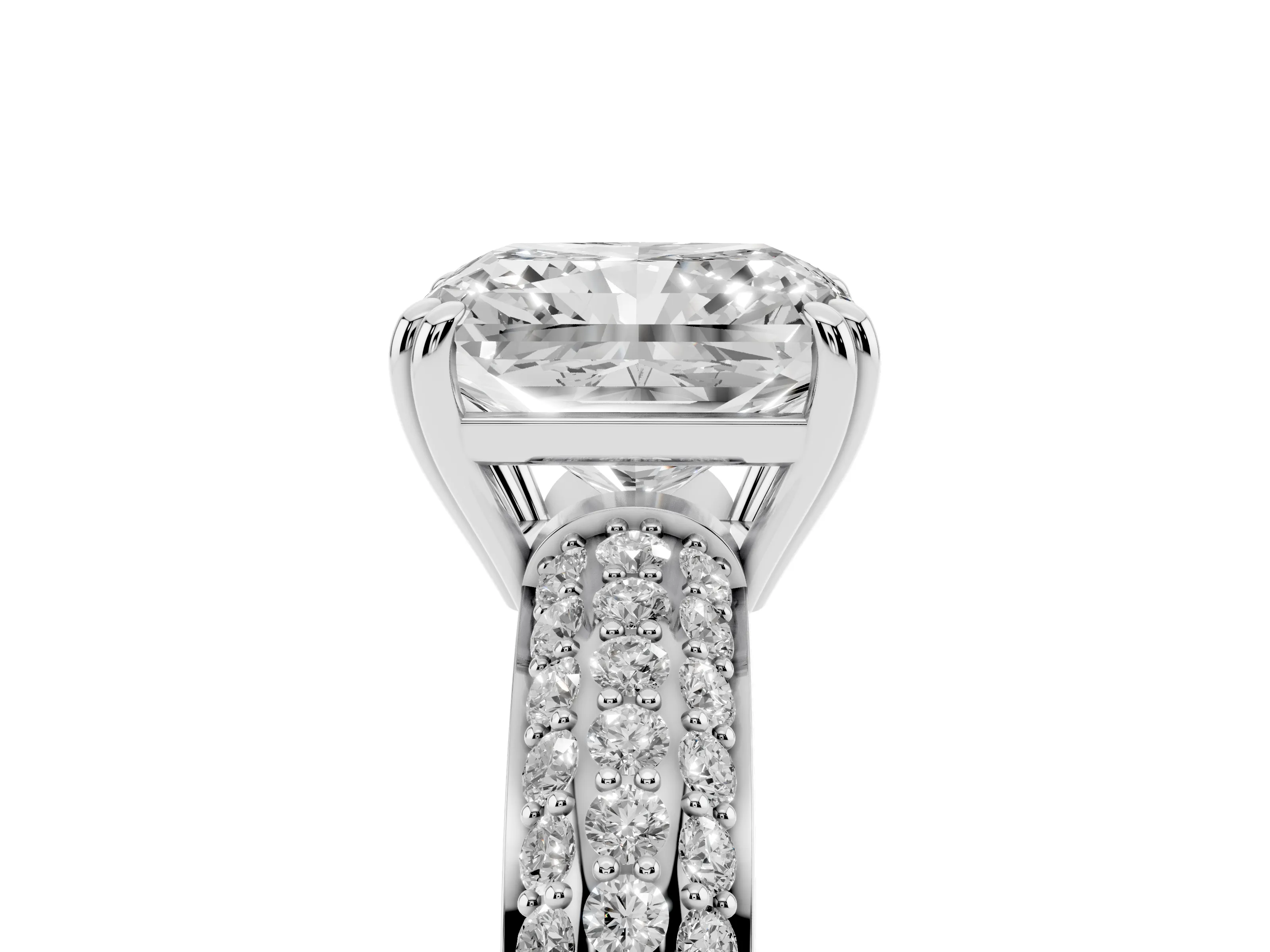 Radiant Cut Diamond Solitaire Ring Set in Platinum with Multi-Row Round Pavé Band and Prong Setting