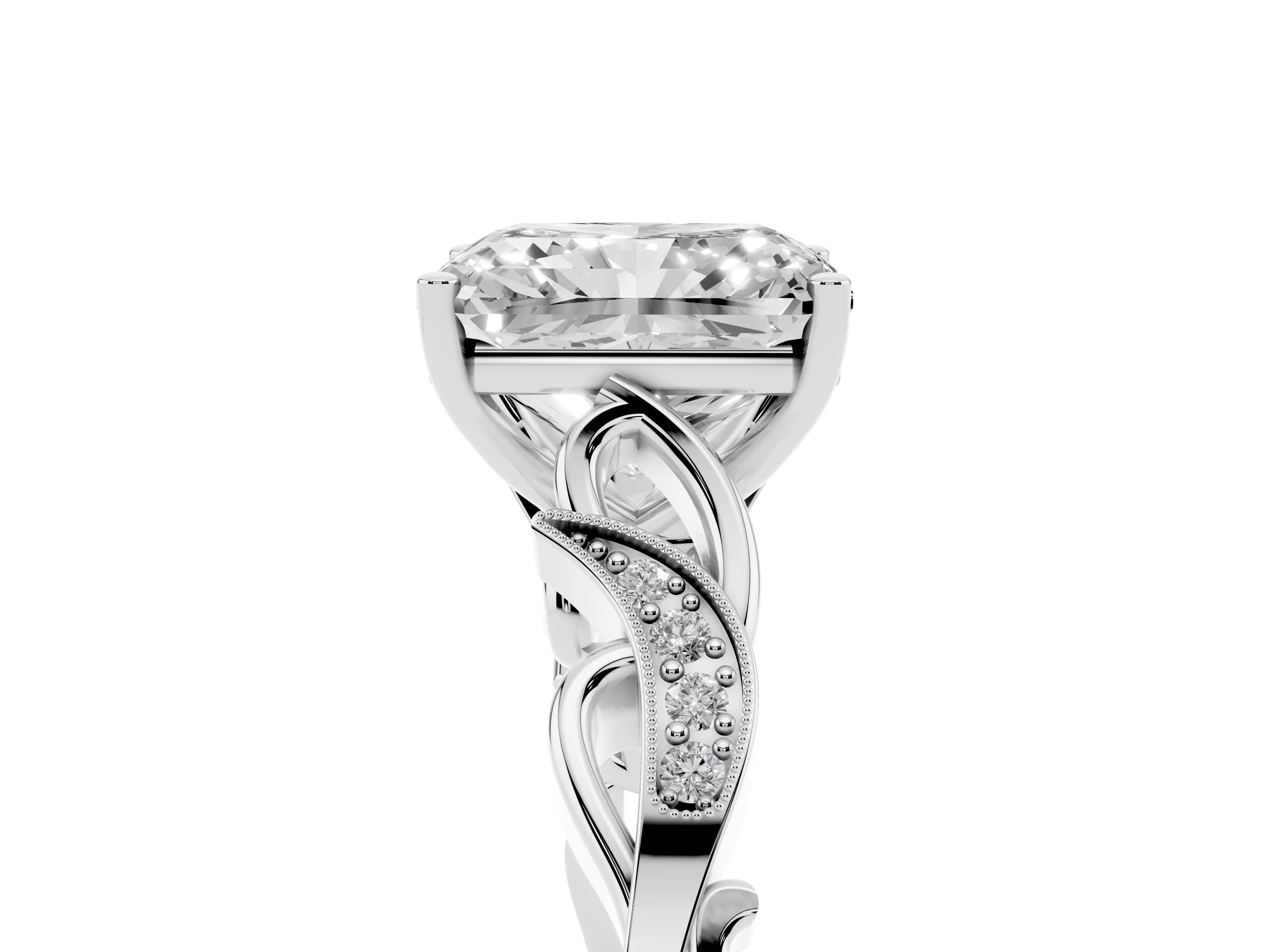 Radiant Cut Diamond Vine Band Solitaire Ring Set in Platinum with Milgrain Prong Setting